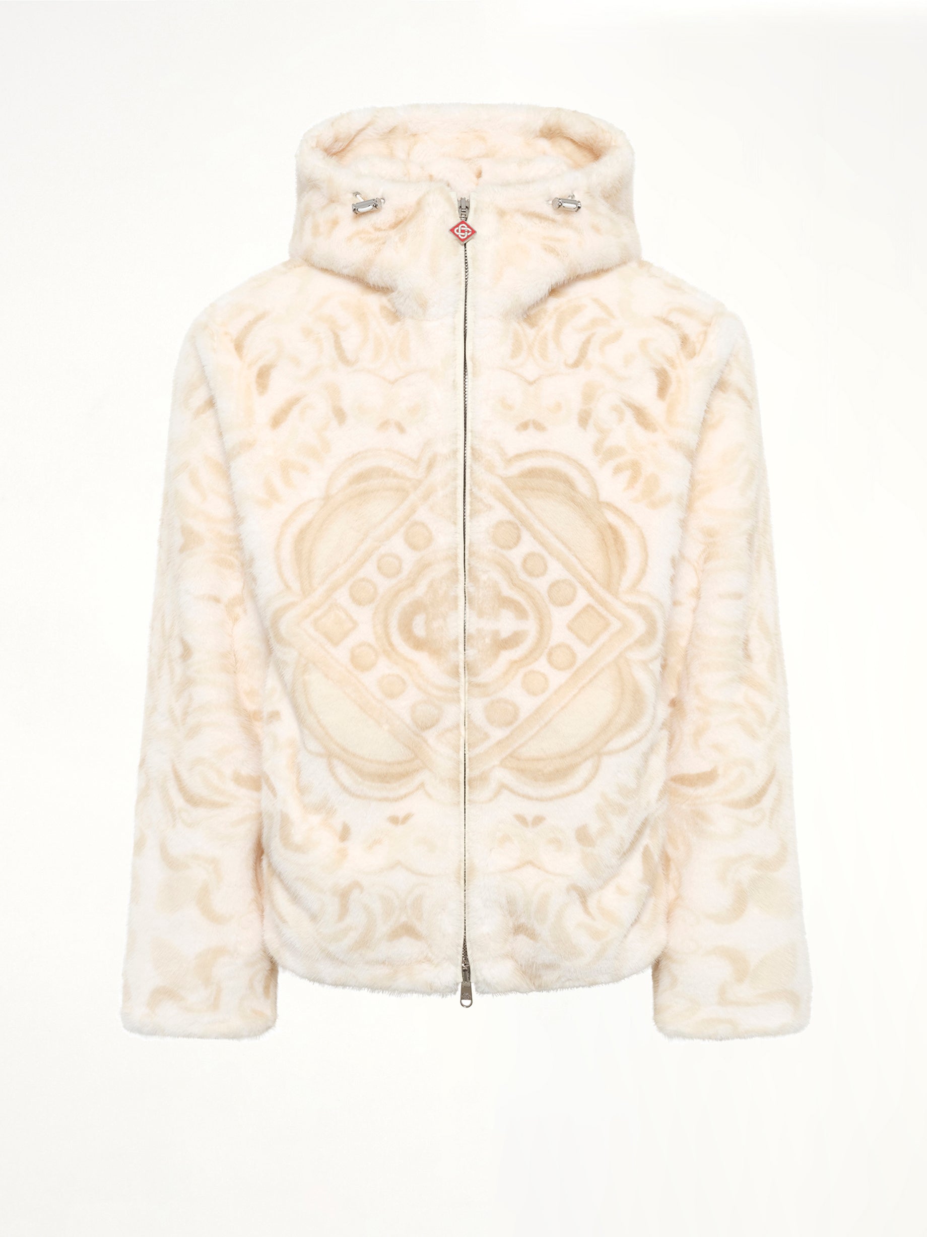 Carpet Print Faux Fur Hoodie in Beige