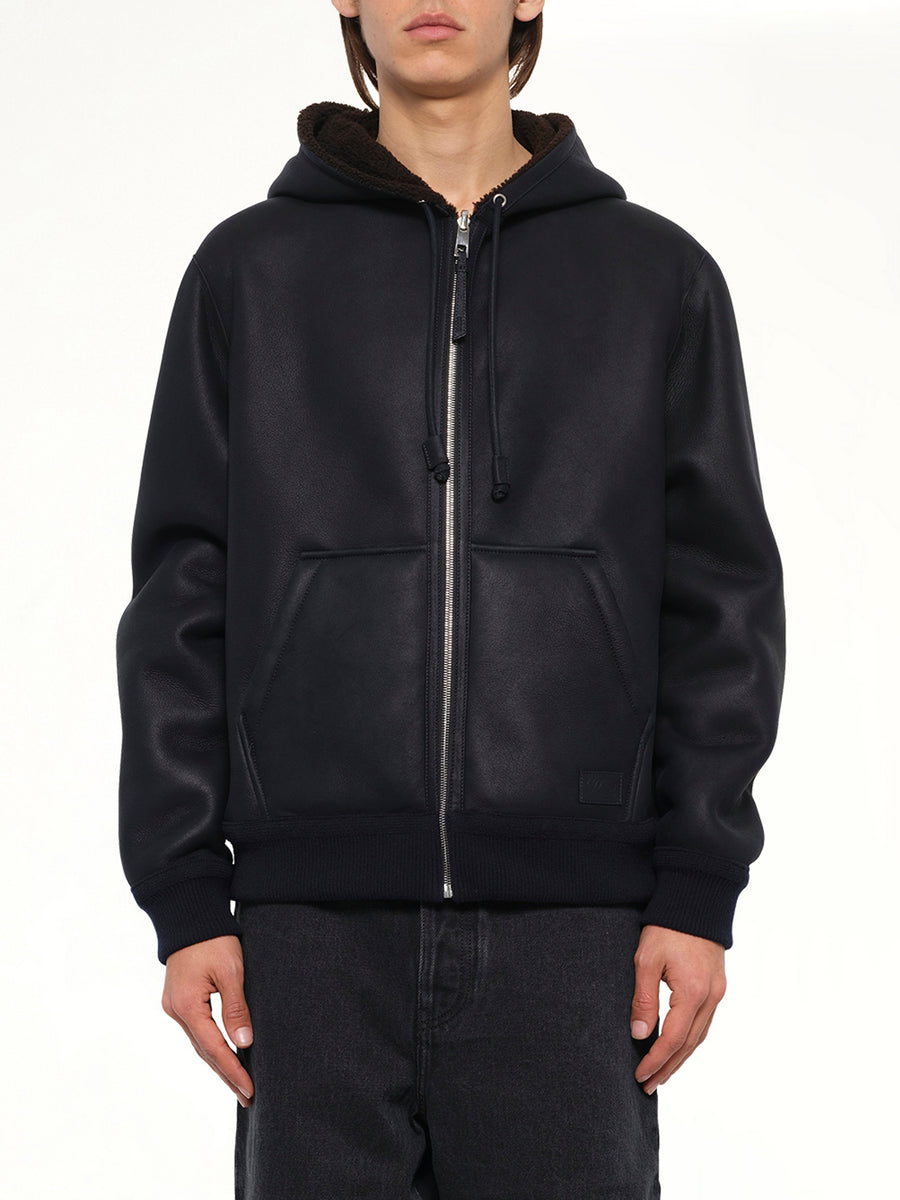 Hooded Shearling Reversible Jacket in Navy/Brown