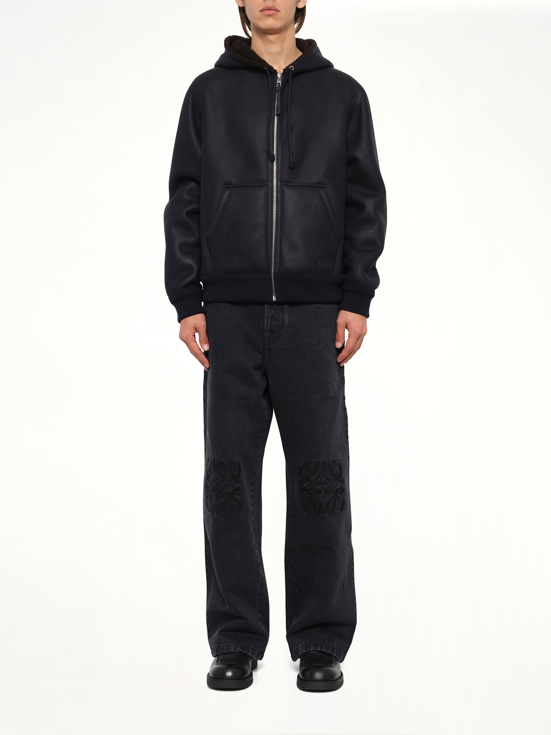 Hooded Shearling Reversible Jacket in Navy/Brown