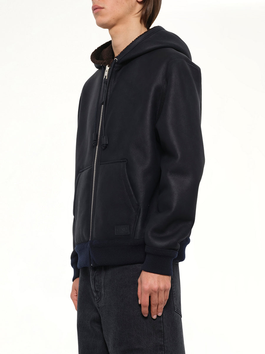 Hooded Shearling Reversible Jacket in Navy/Brown