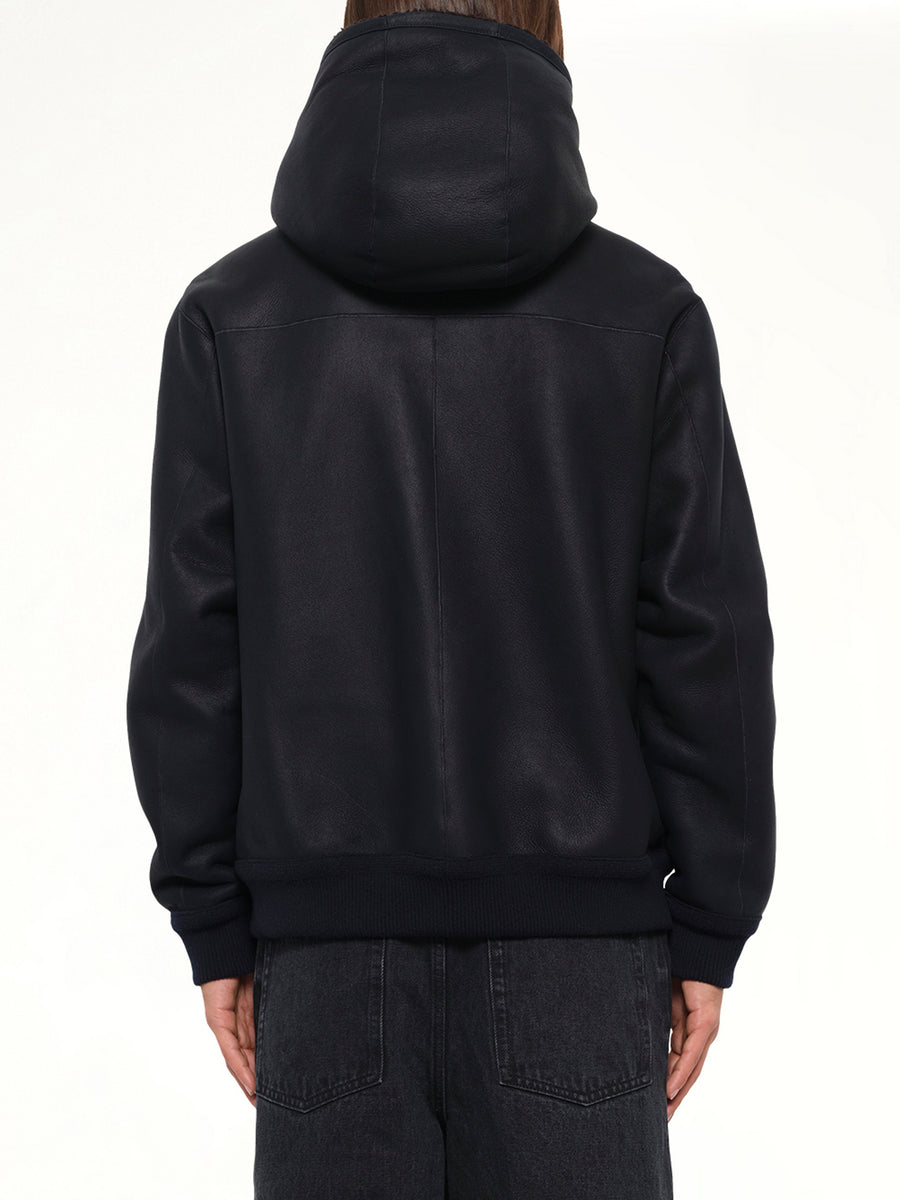 Hooded Shearling Reversible Jacket in Navy/Brown