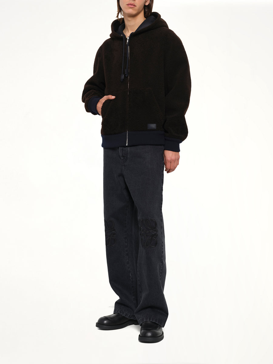 Hooded Shearling Reversible Jacket in Navy/Brown