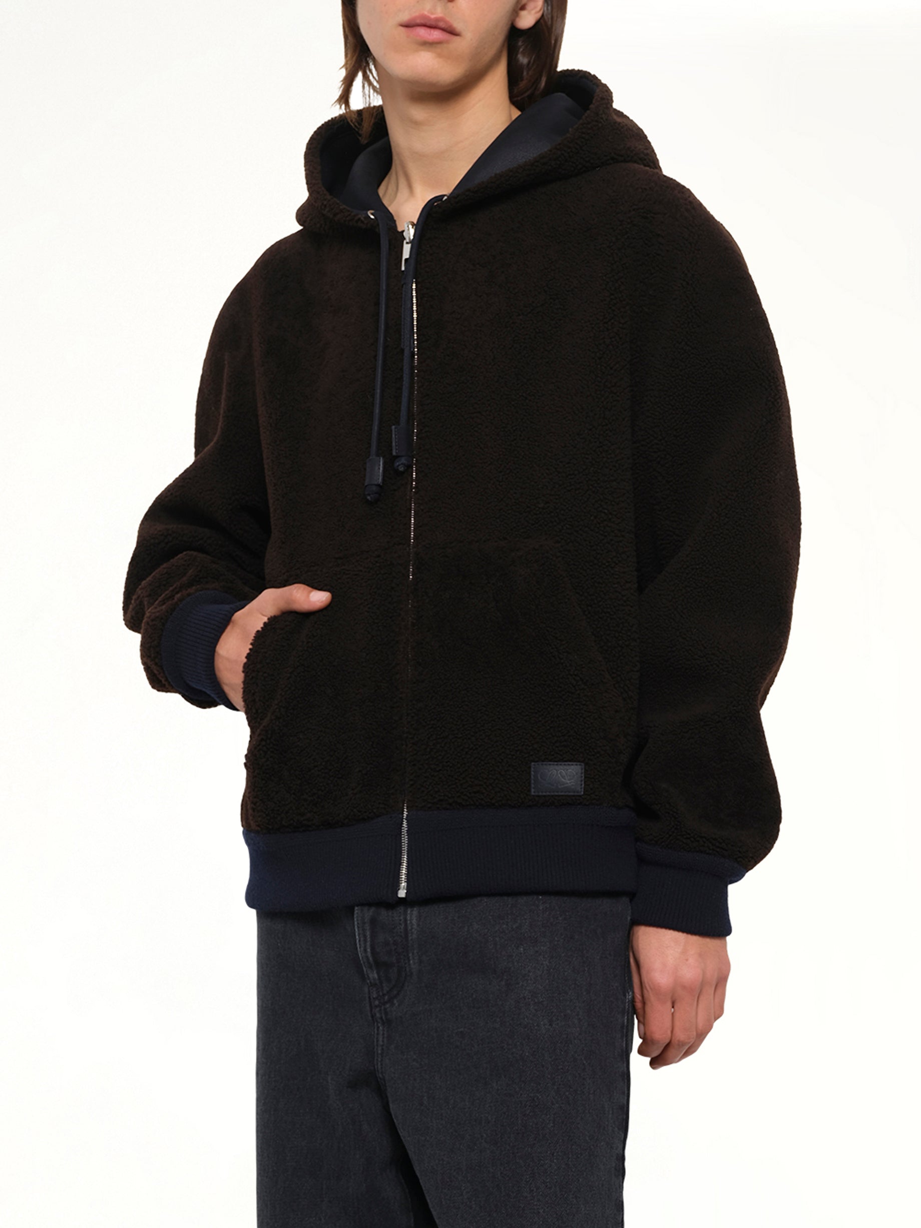 Hooded Shearling Reversible Jacket in Navy/Brown