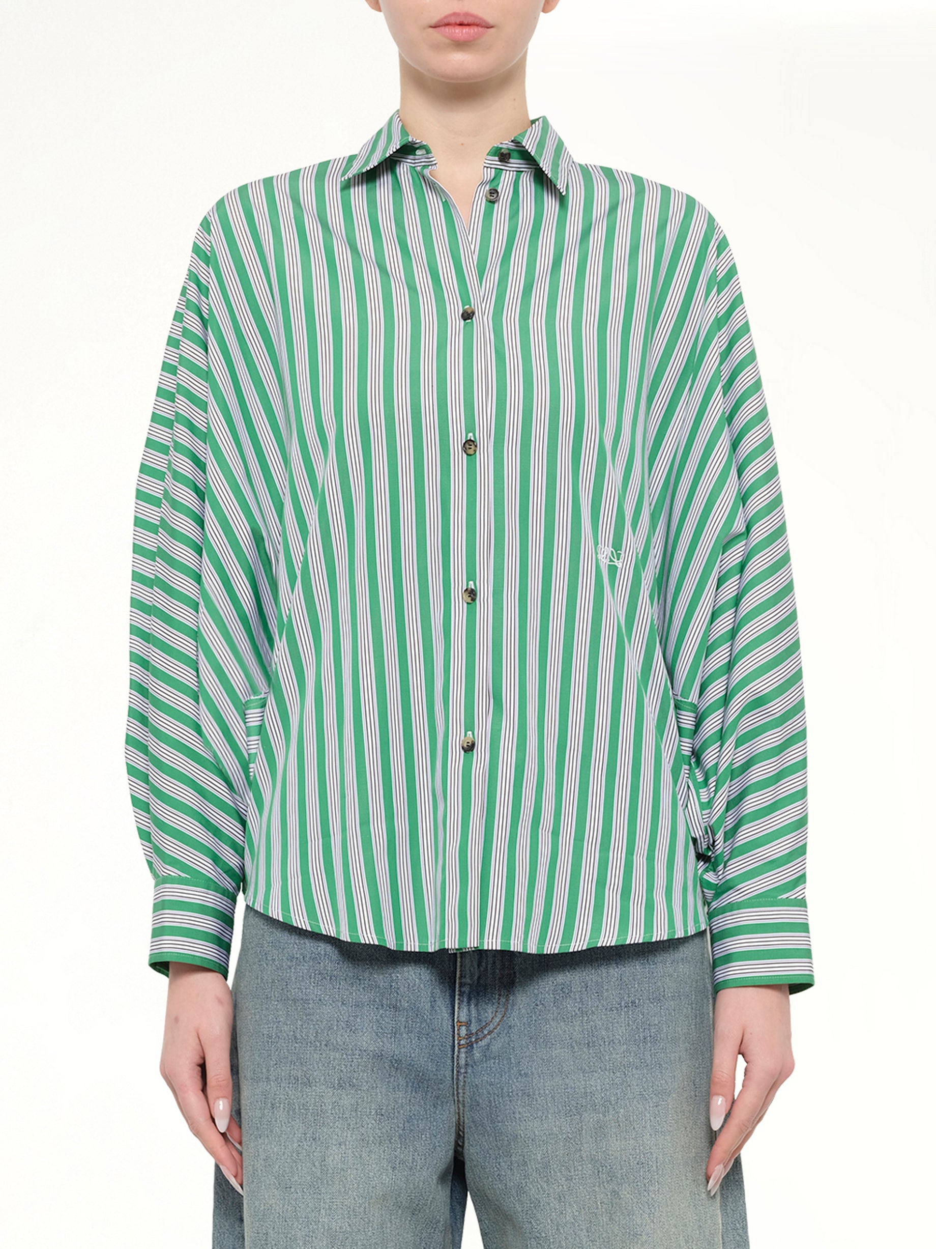 Striped Cotton Poplin Shirt in Green/White
