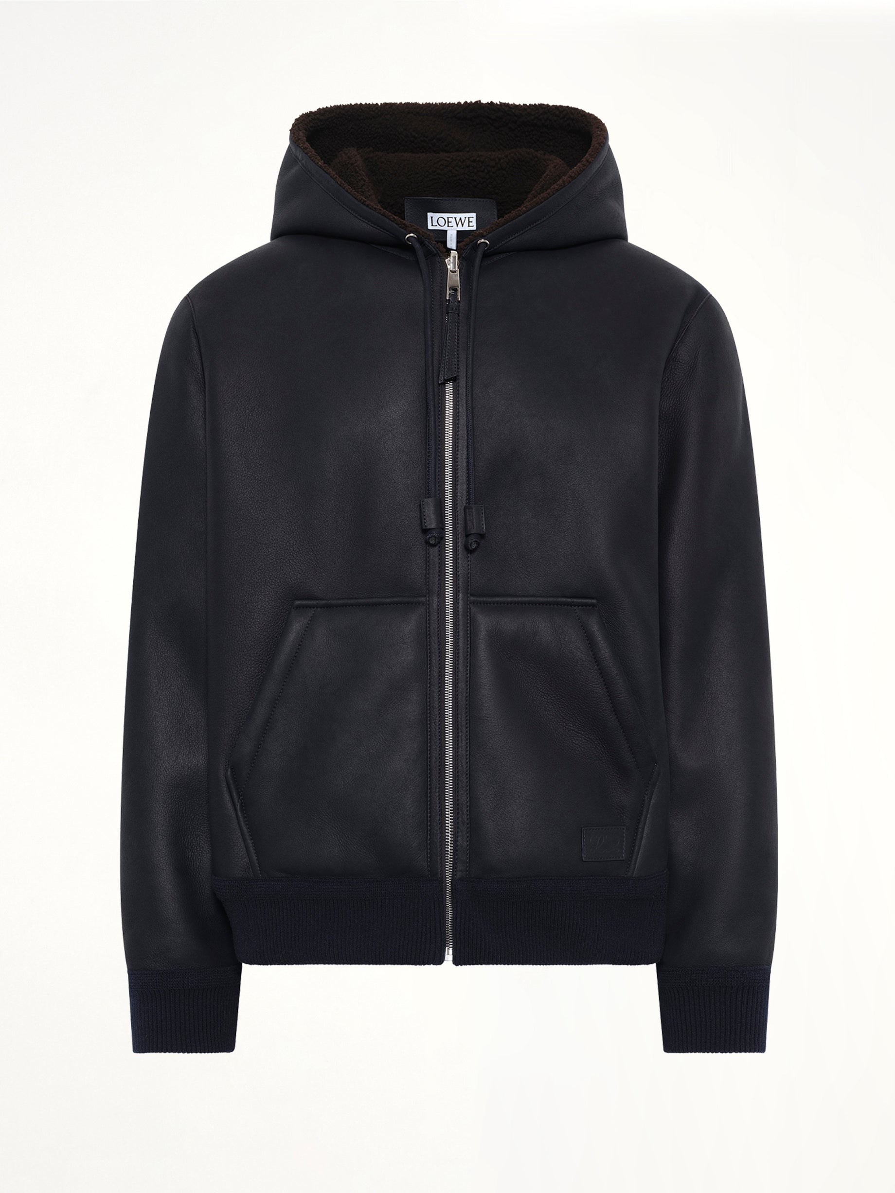 Hooded Shearling Reversible Jacket in Navy/Brown