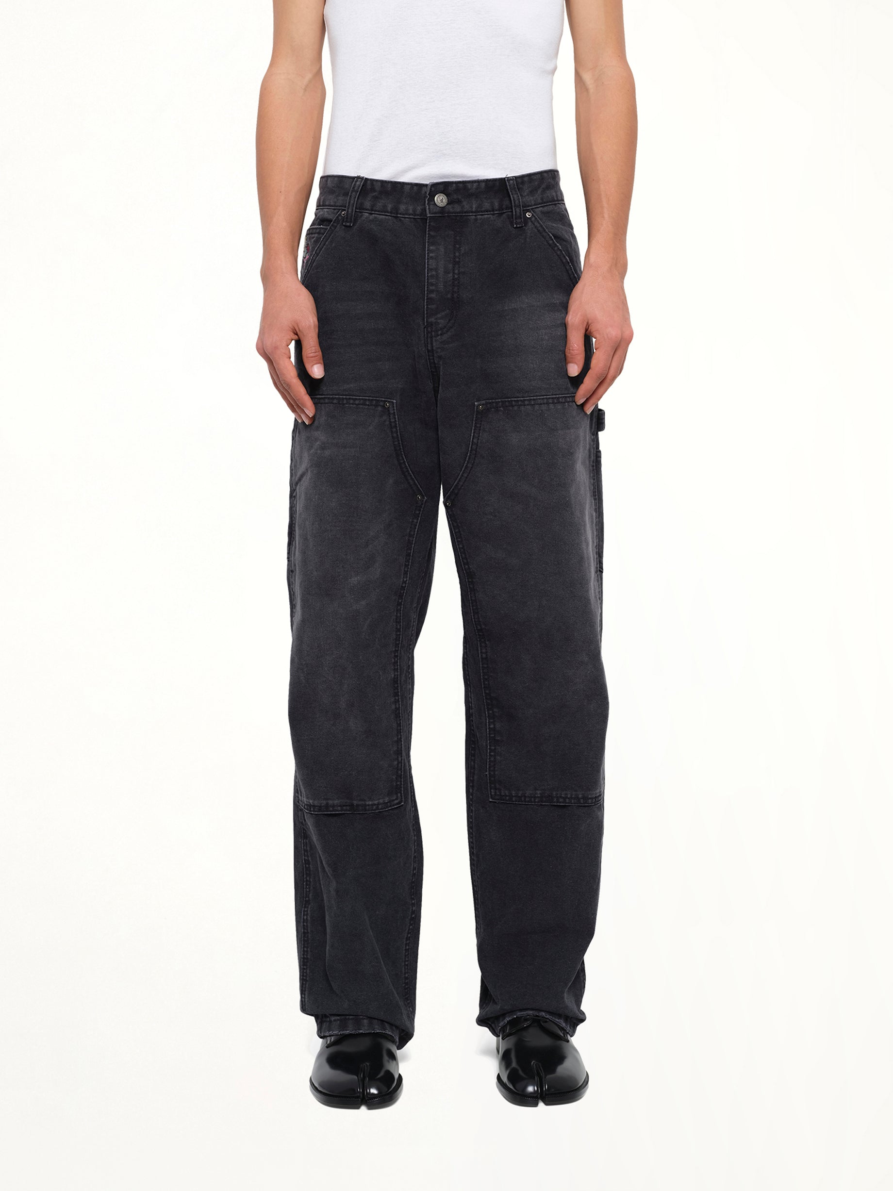 Eye Badge Washed Double Knee Pants in Black