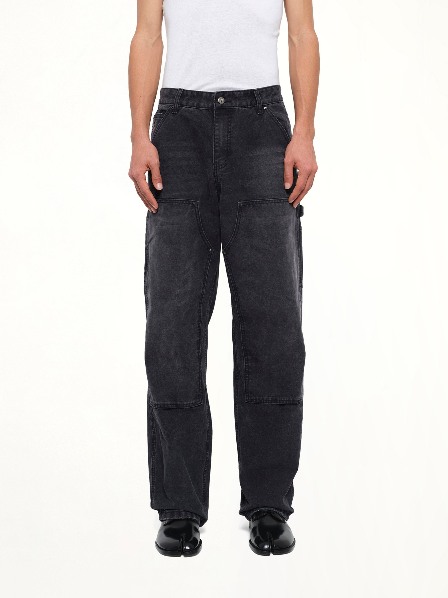Eye Badge Washed Double Knee Pants in Black
