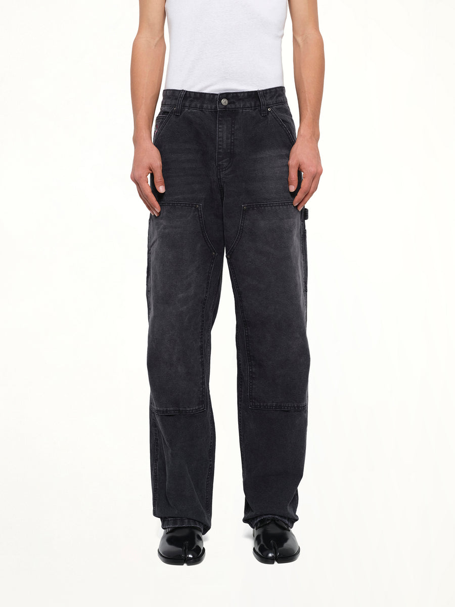 Eye Badge Washed Double Knee Pants in Black