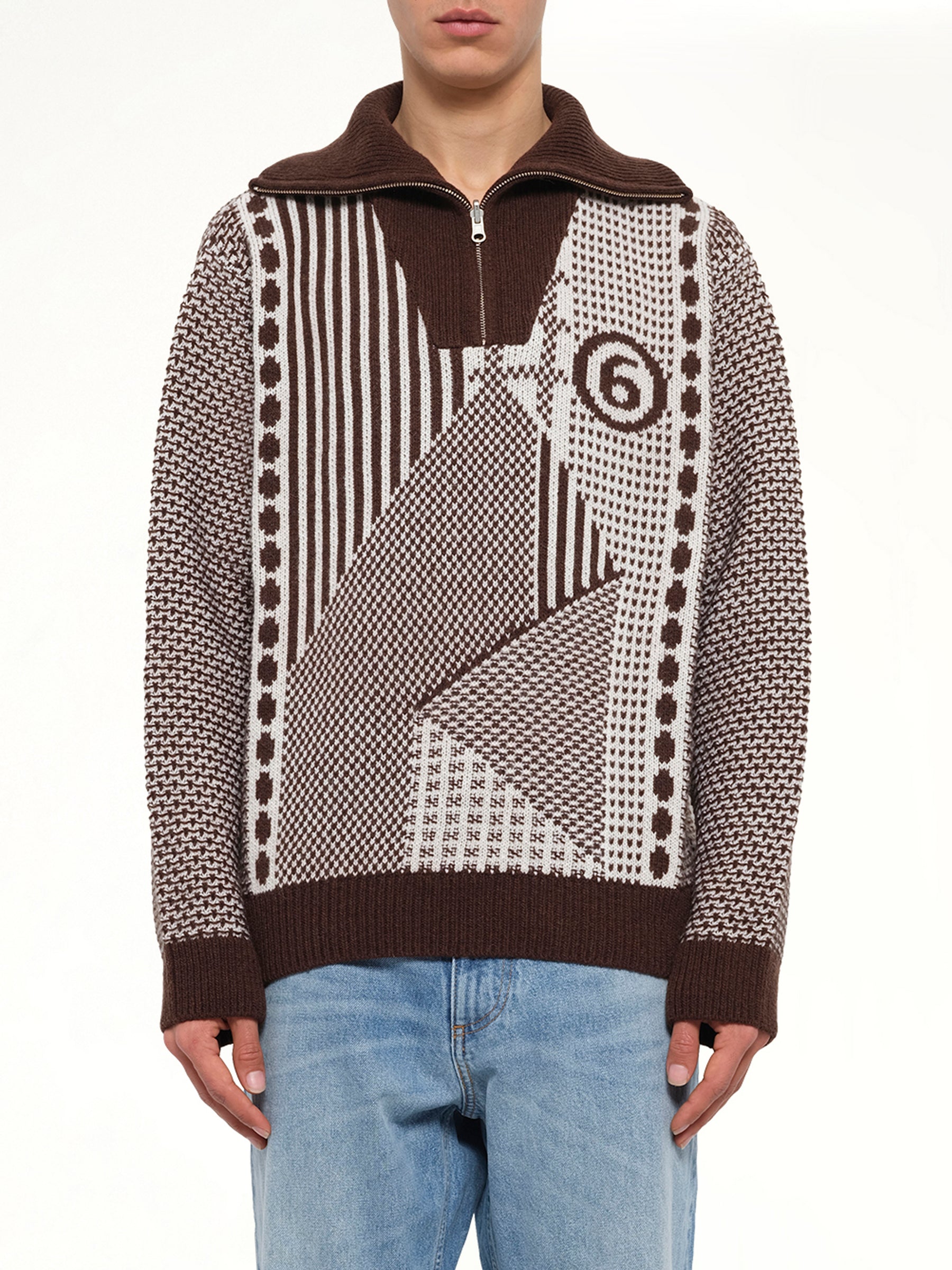 Jacquard Knit Polo in Brown/Off White