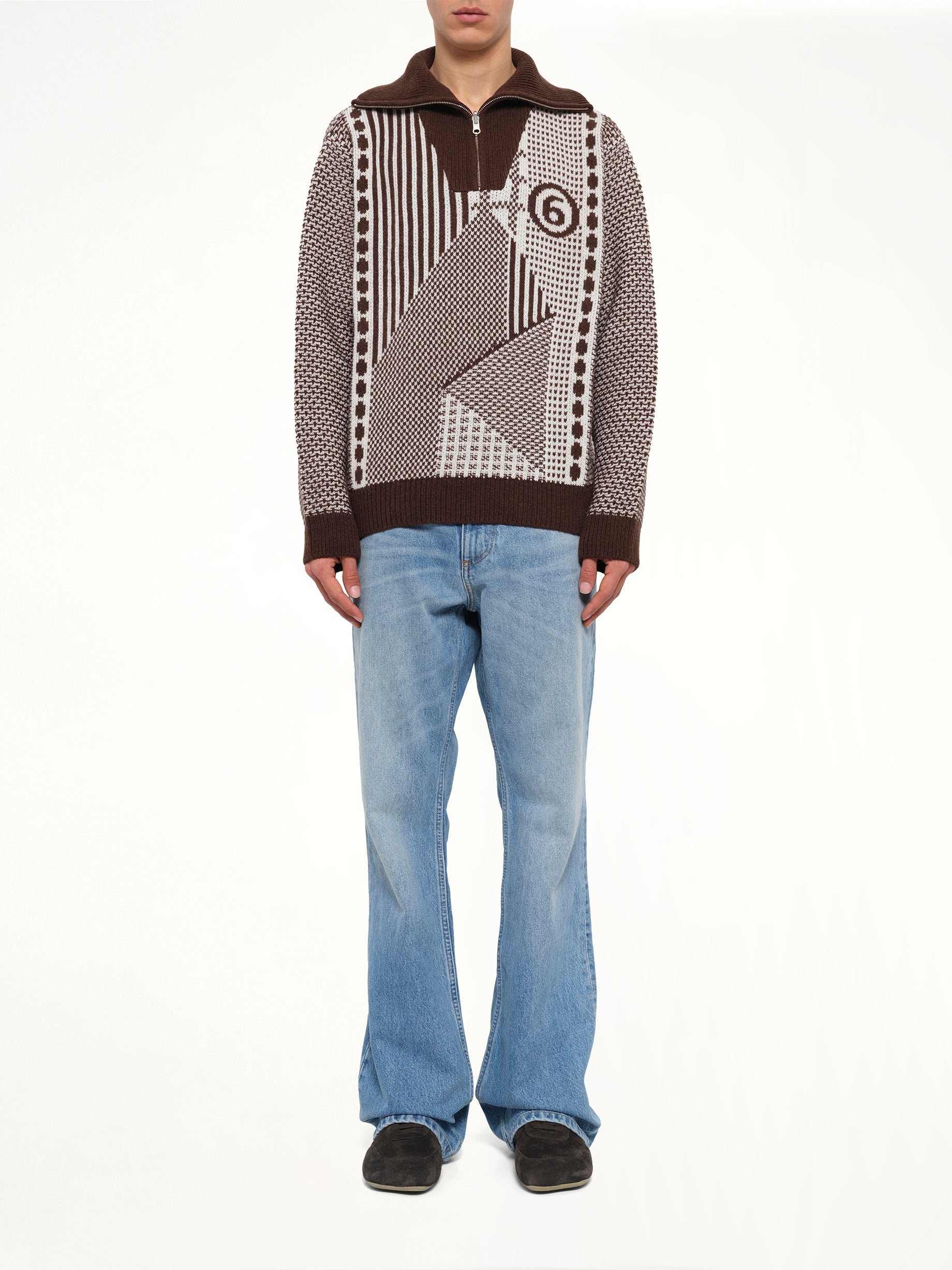 Jacquard Knit Polo in Brown/Off White