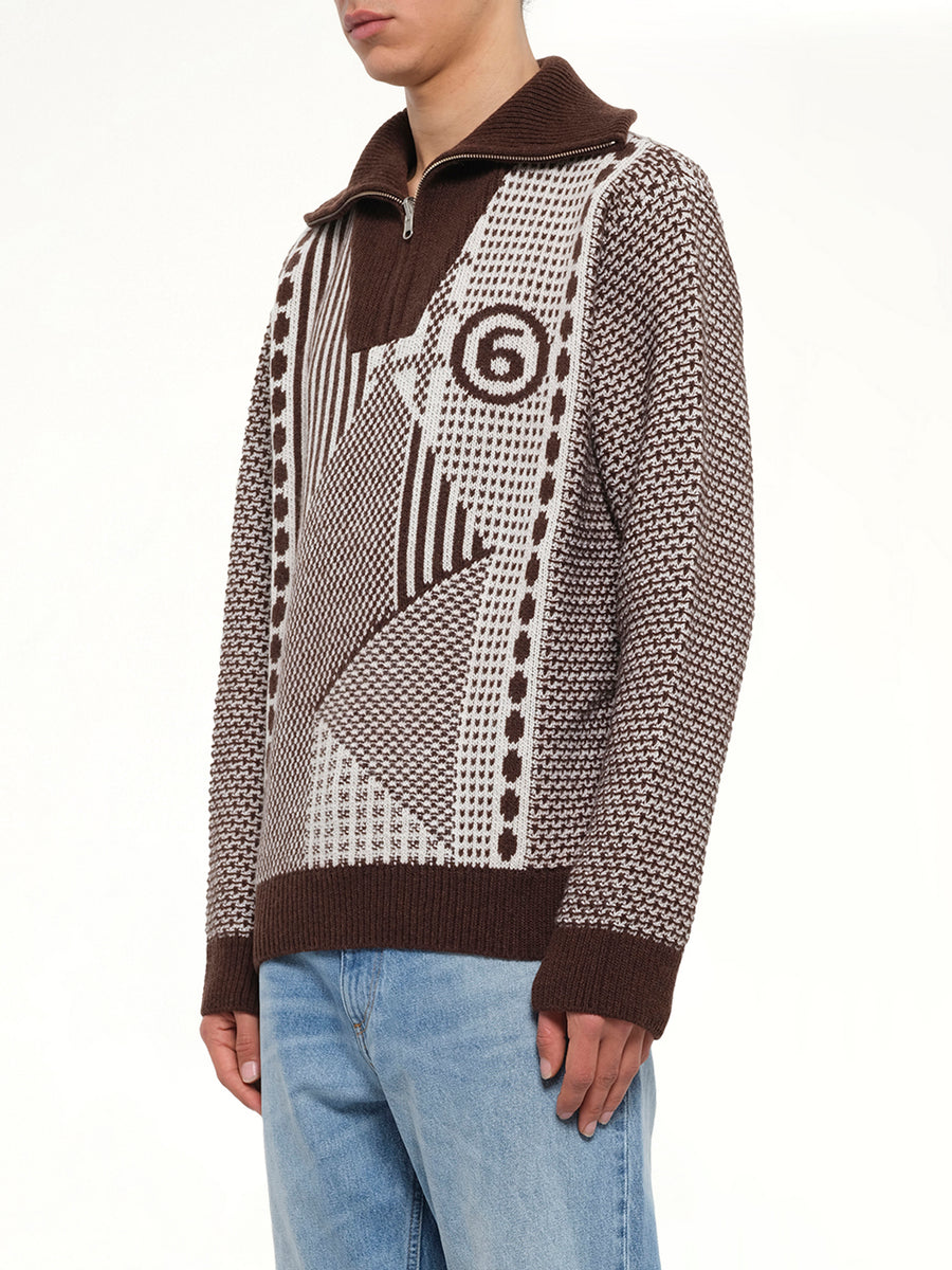Jacquard Knit Polo in Brown/Off White