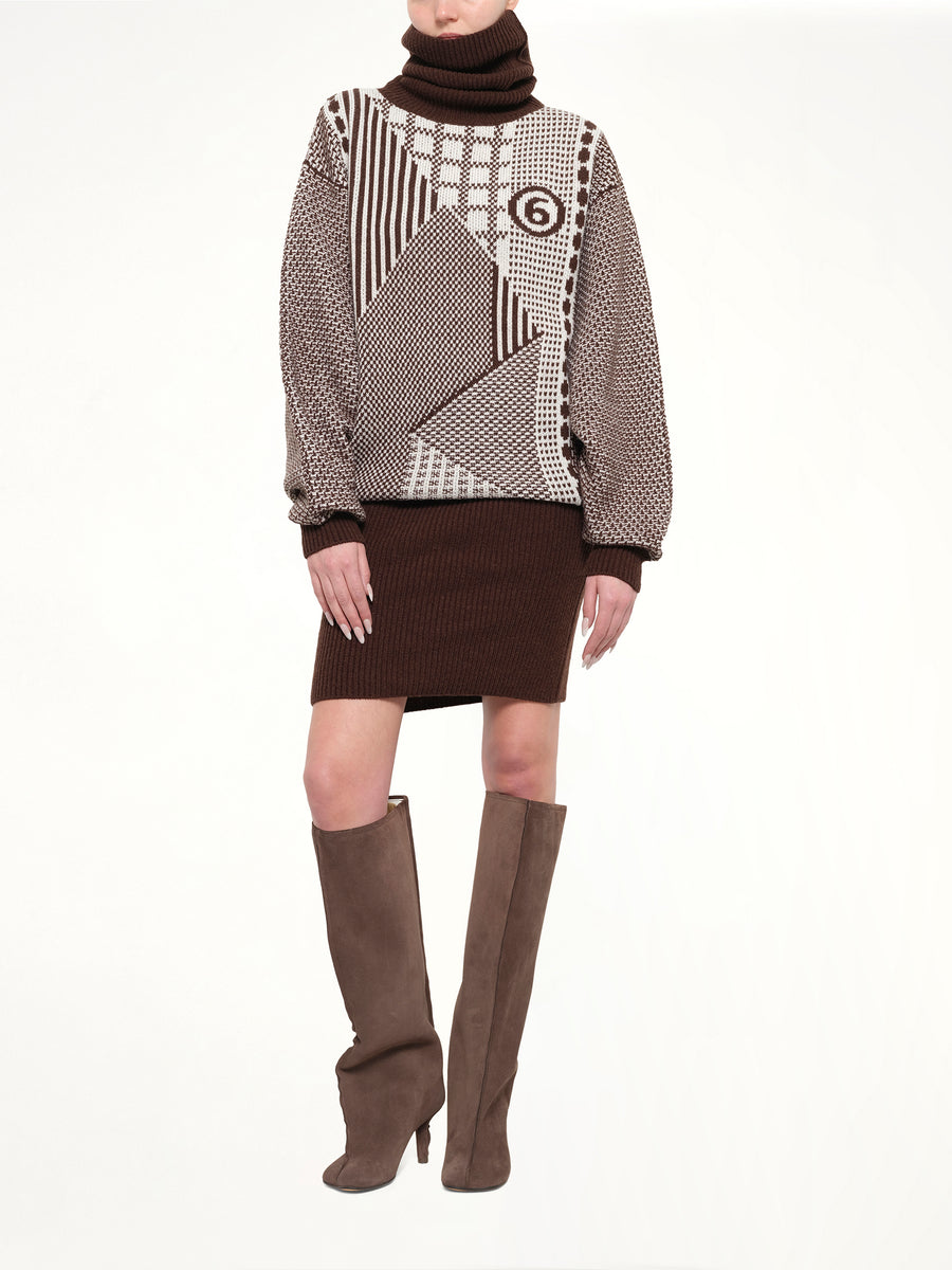 Knitted Mini Dress in Brown/Off White