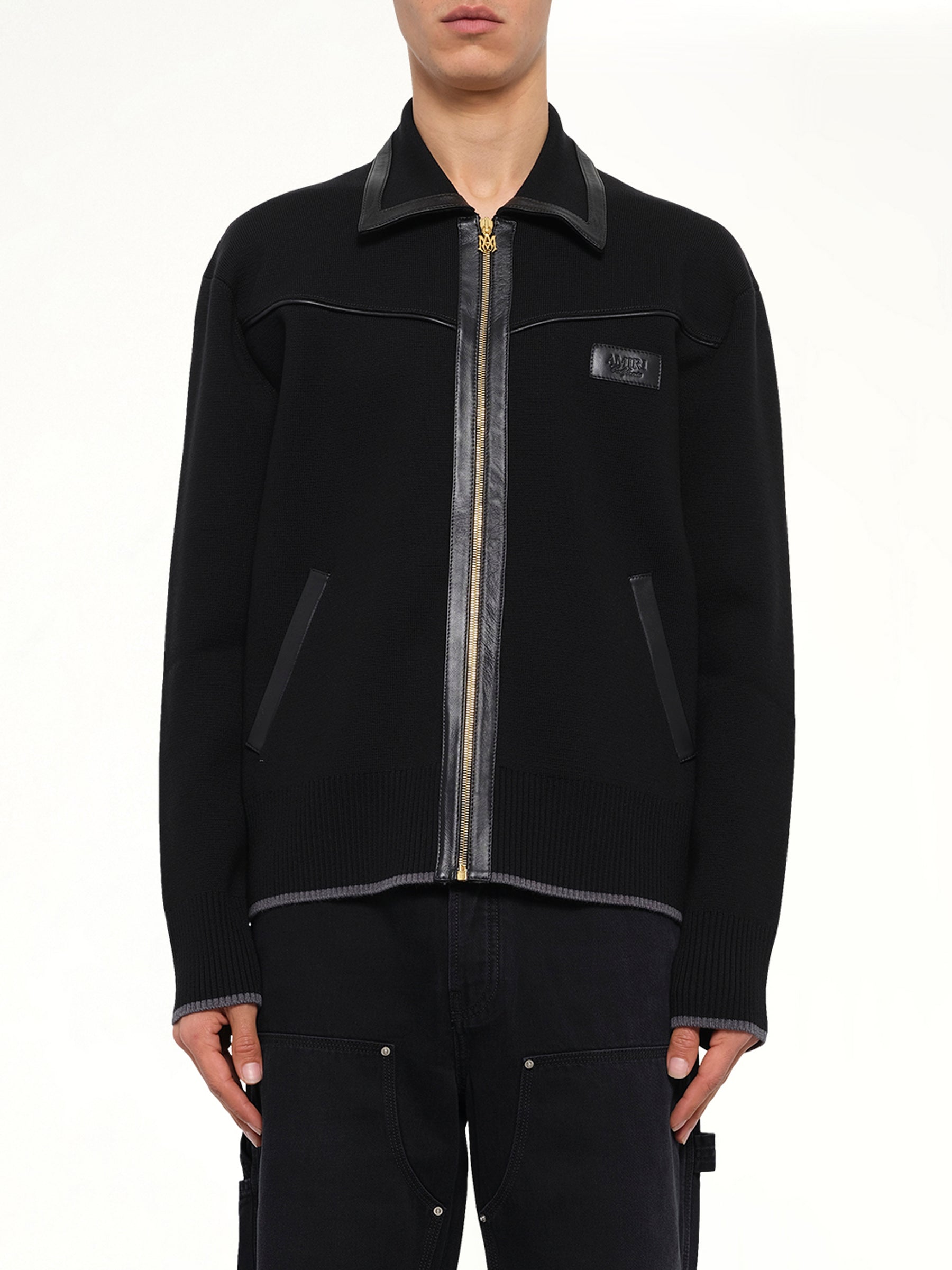 Leather Trim Zipped Blouson in Black