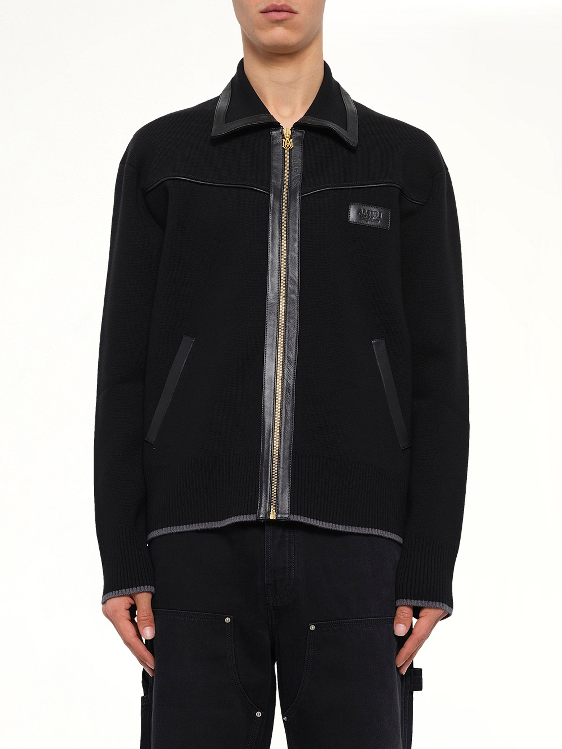 Leather Trim Zipped Blouson in Black