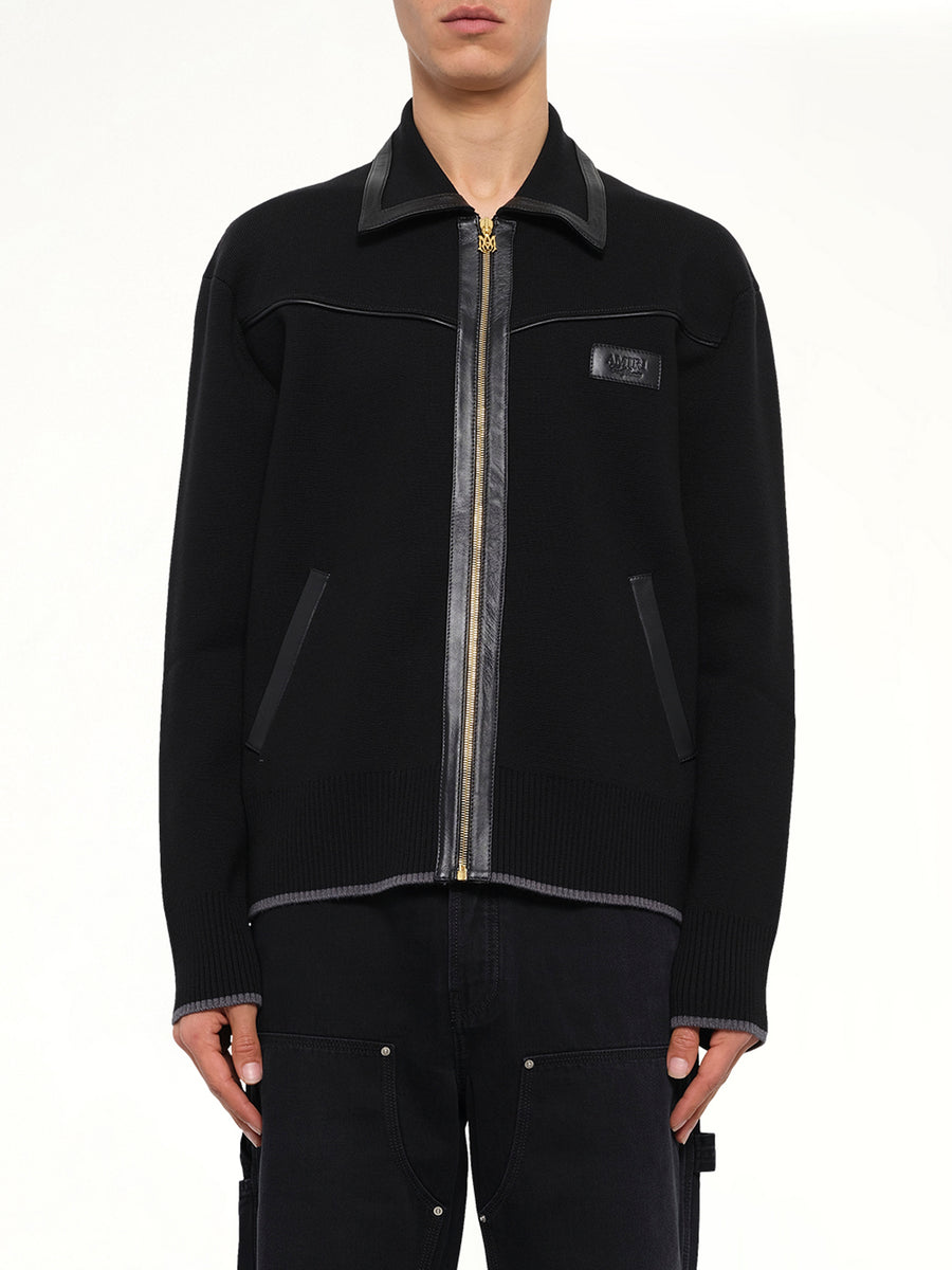 Leather Trim Zipped Blouson in Black