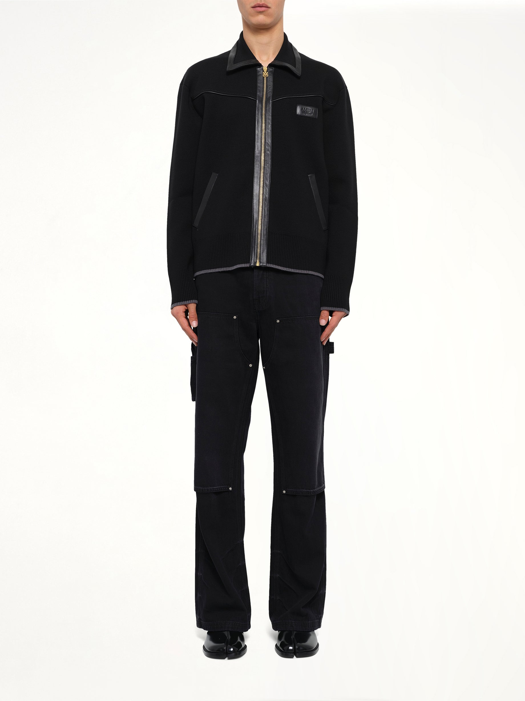 Leather Trim Zipped Blouson in Black