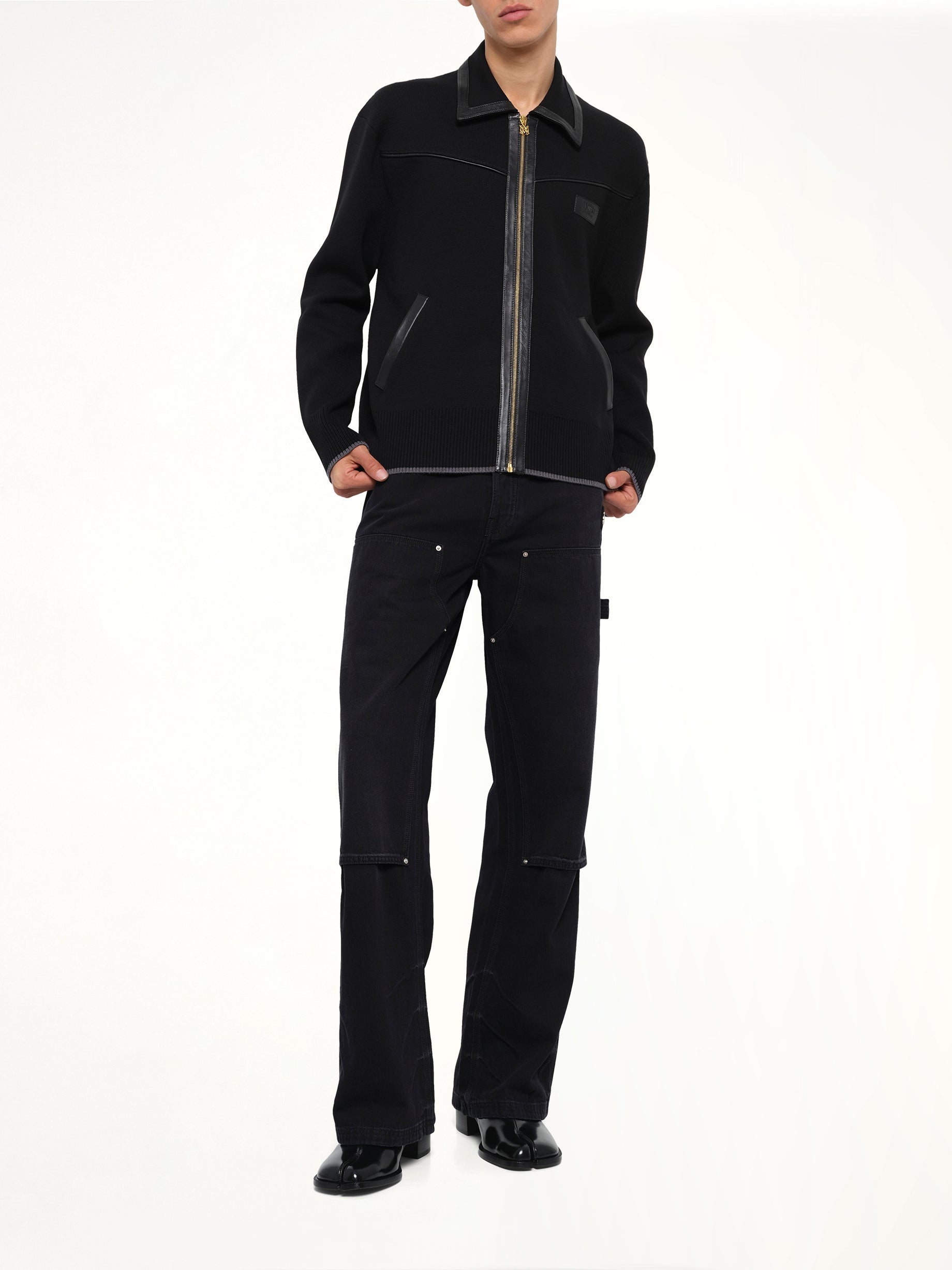 Leather Trim Zipped Blouson in Black