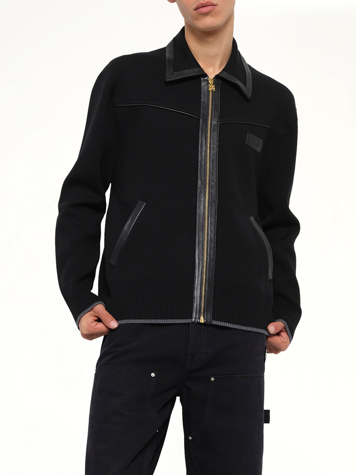 Leather Trim Zipped Blouson in Black