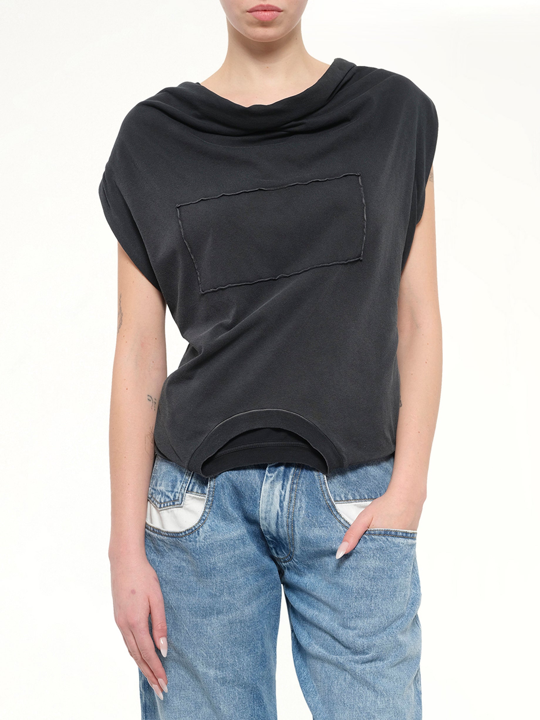 Patch Twisted Jersey Top in Washed Black
