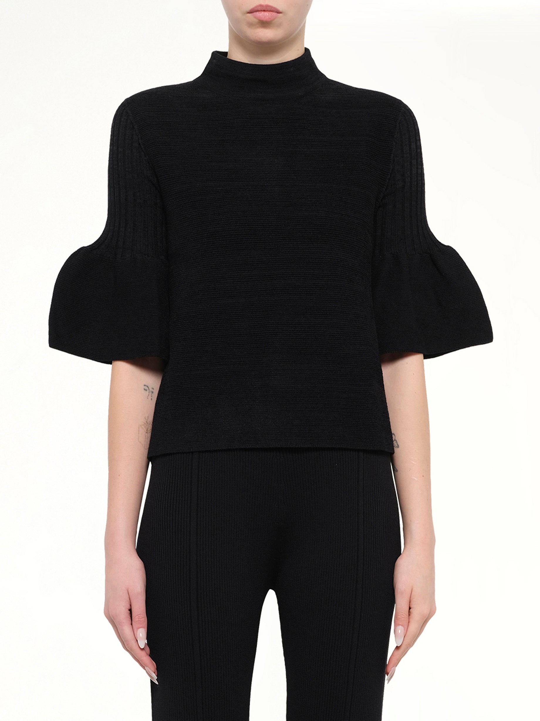 Pottery Velvet Bell Sleeve Flare Top in Black