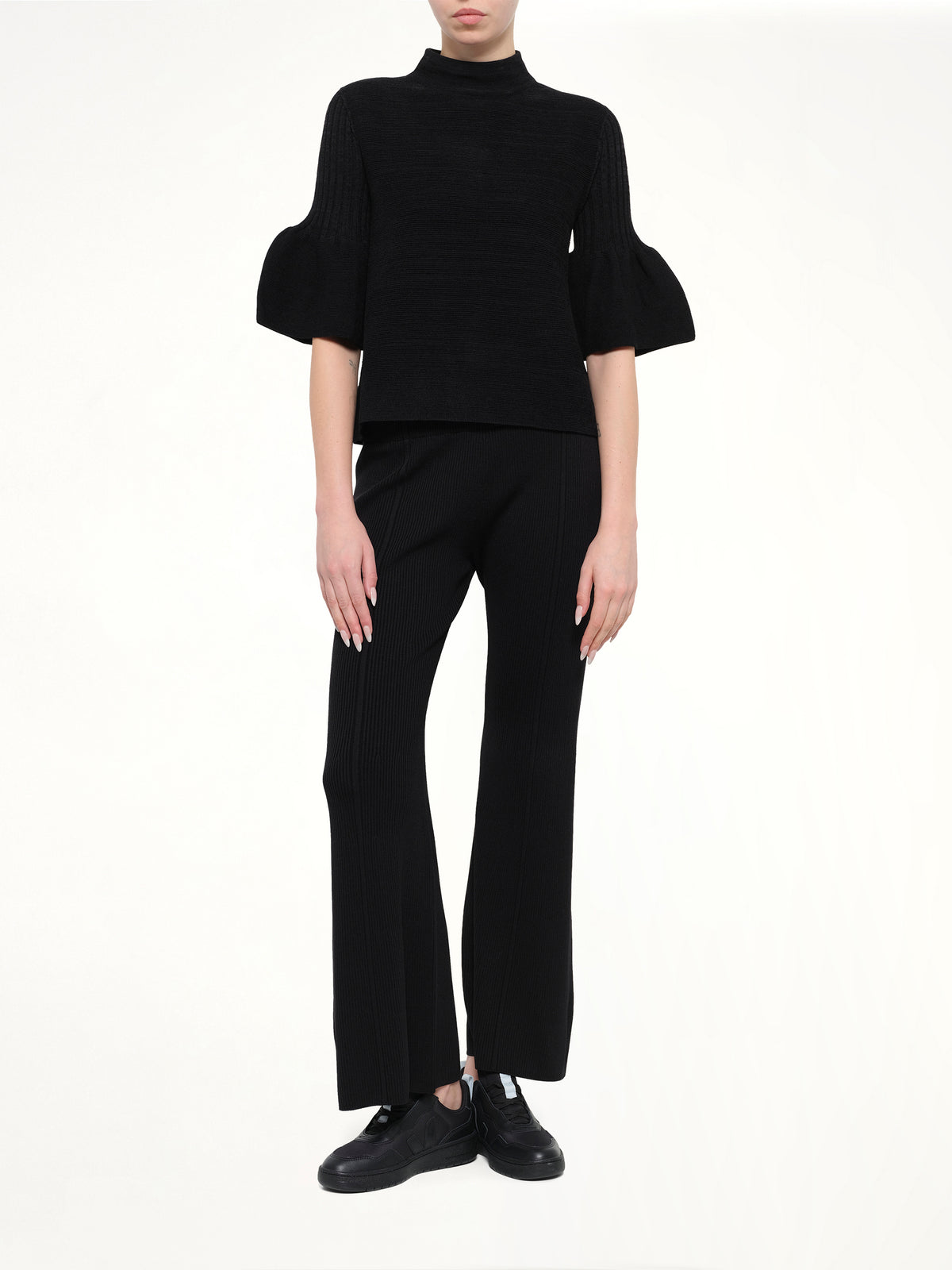 Pottery Velvet Bell Sleeve Flare Top in Black