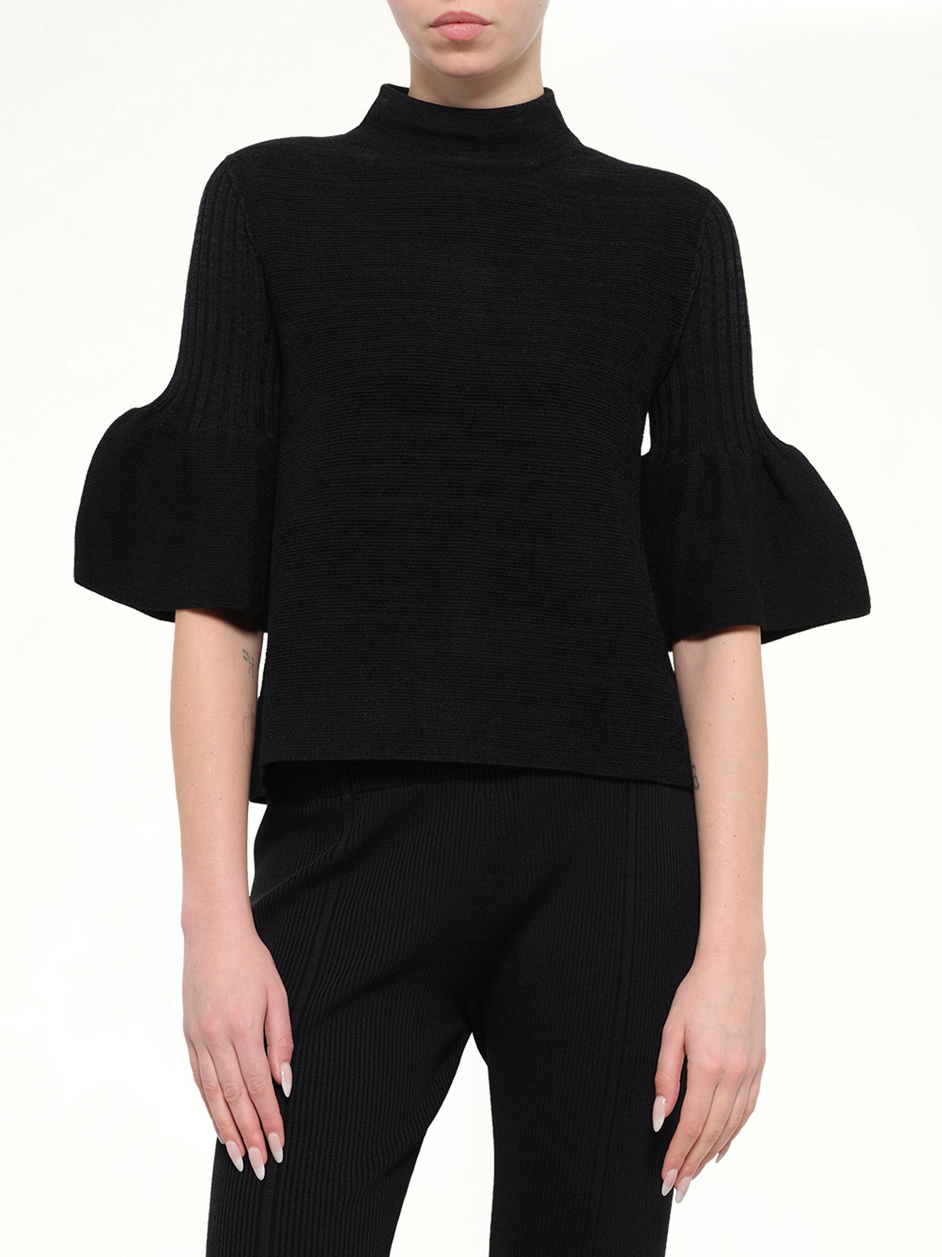 Pottery Velvet Bell Sleeve Flare Top in Black