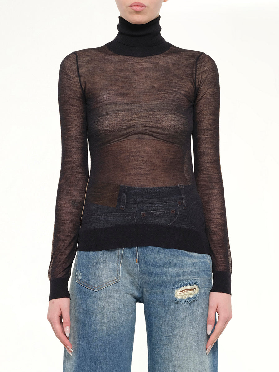 Sheer Cotton Turtleneck in Black/Camel