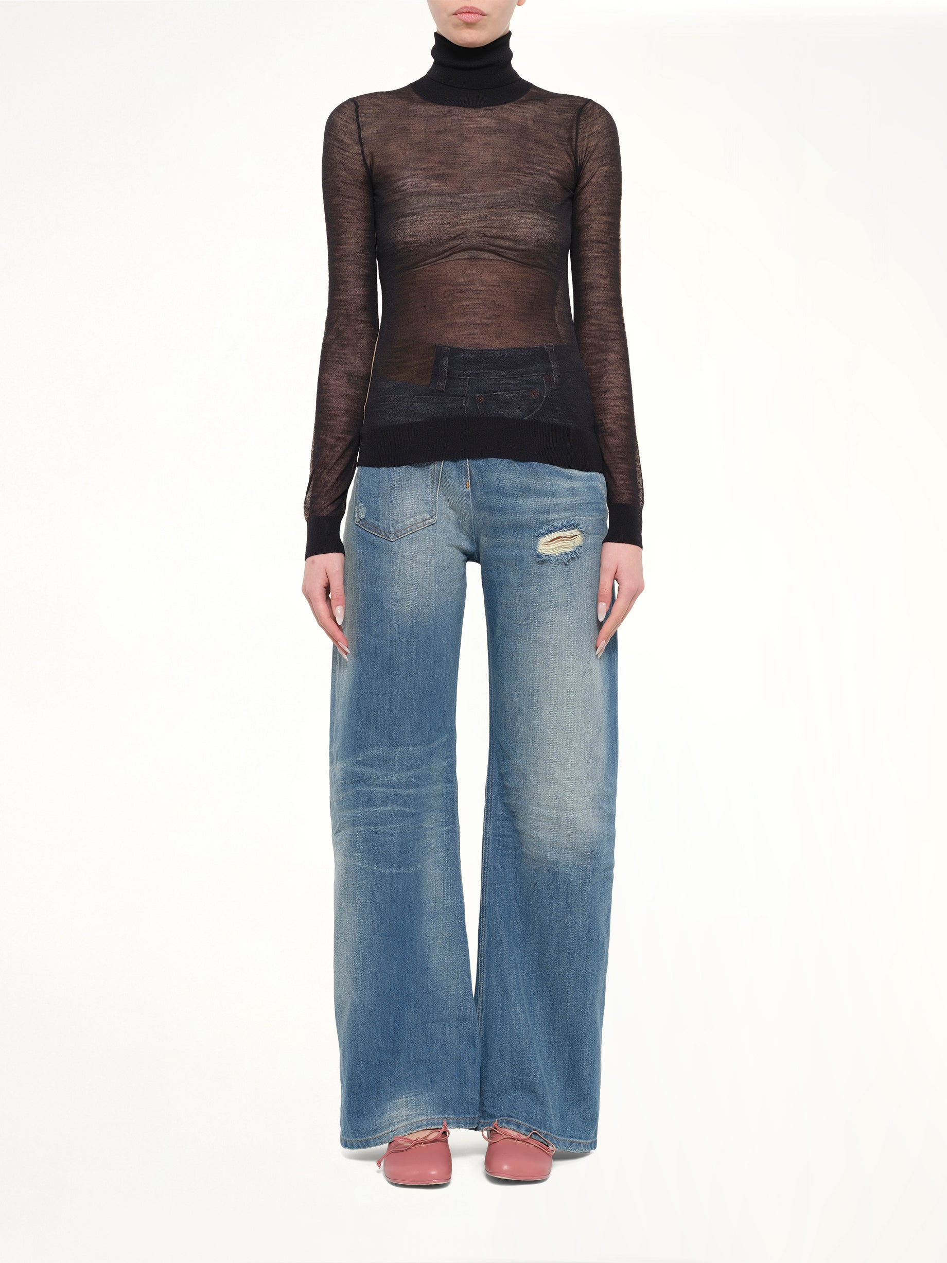 Sheer Cotton Turtleneck in Black/Camel