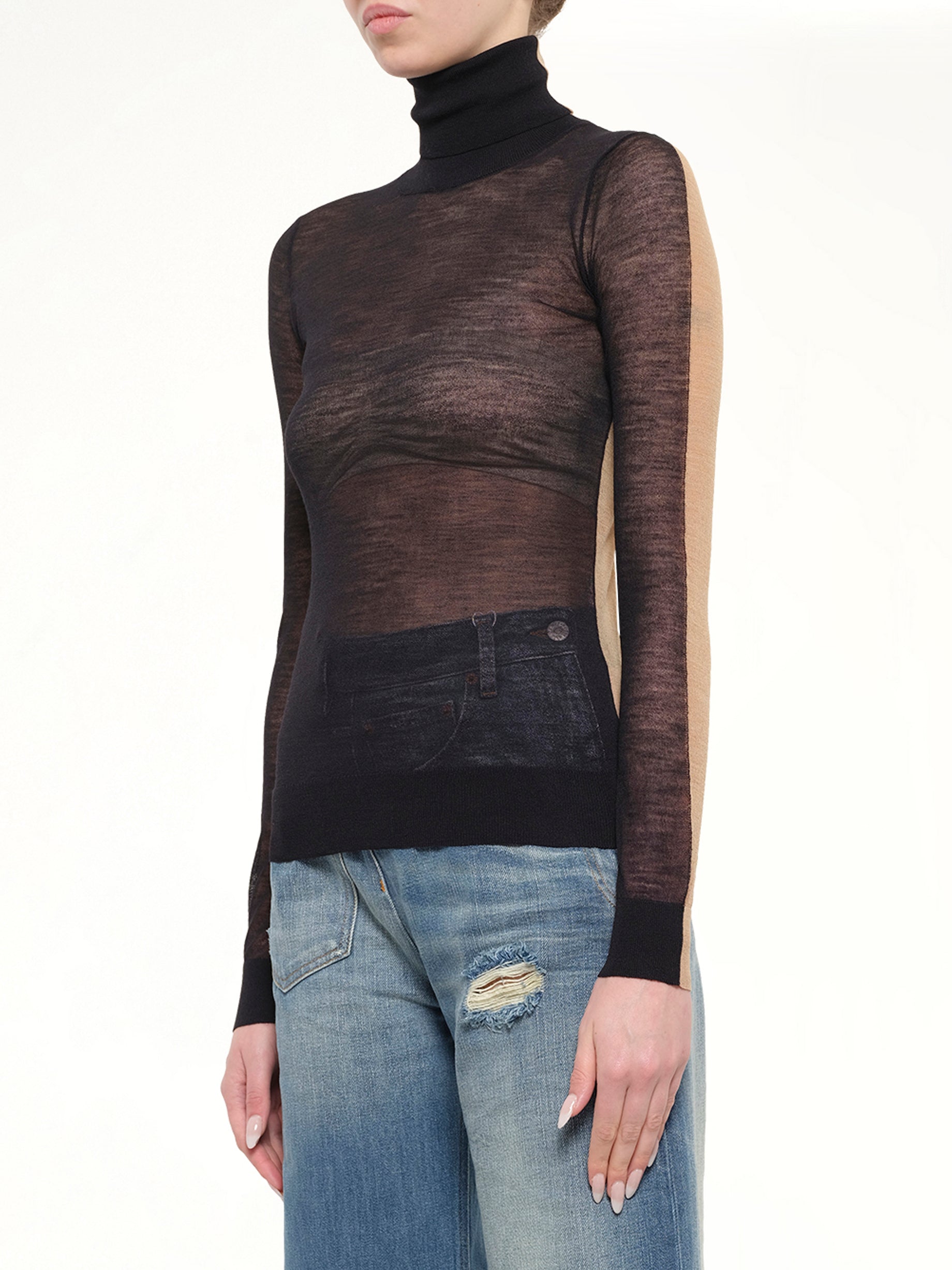 Sheer Cotton Turtleneck in Black/Camel