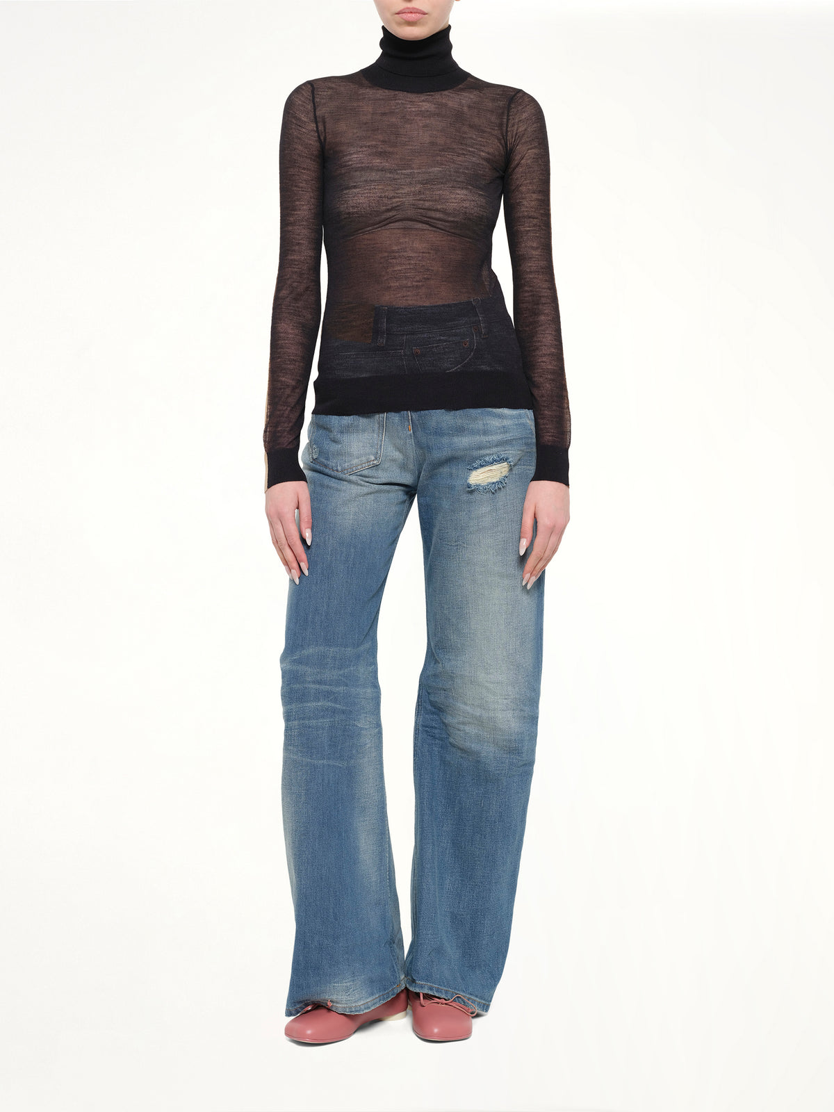 Sheer Cotton Turtleneck in Black/Camel