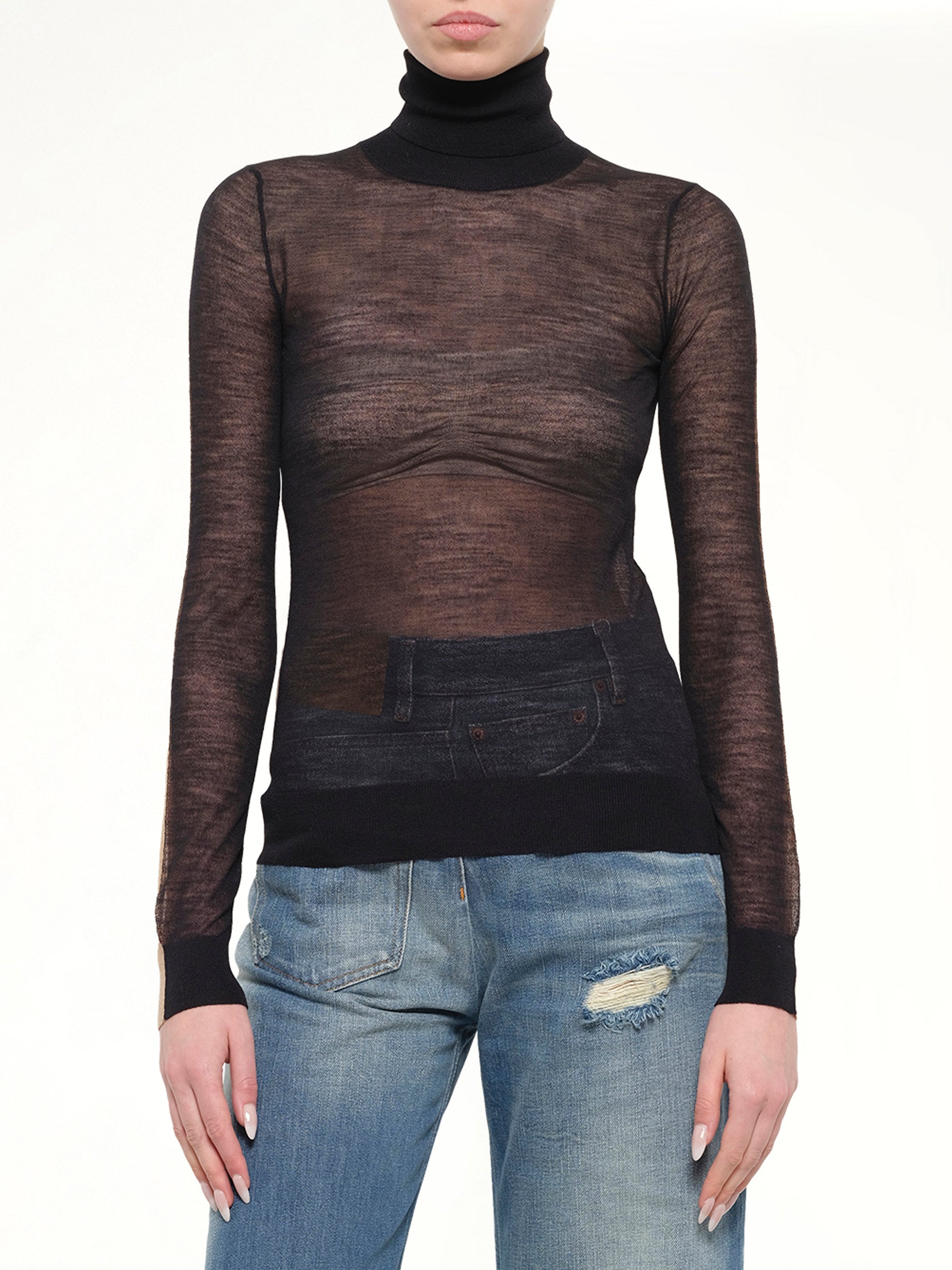 Sheer Cotton Turtleneck in Black/Camel