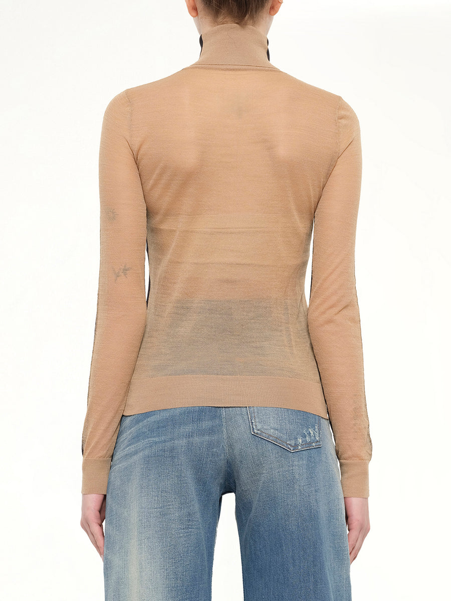 Sheer Cotton Turtleneck in Black/Camel