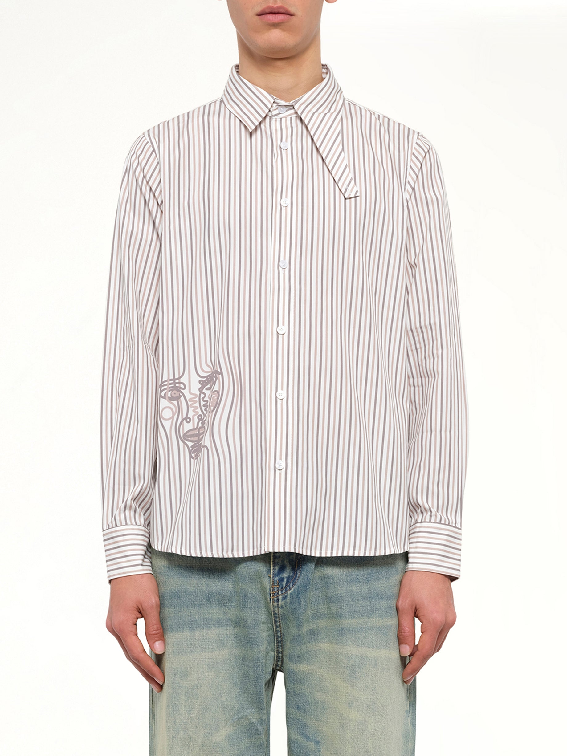 Striped Face Button Up Shirt in White