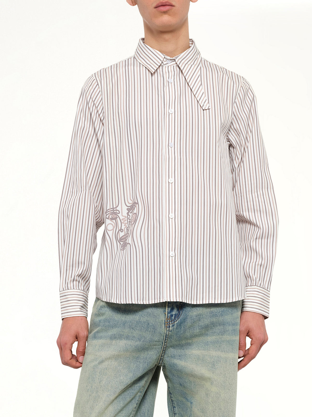 Striped Face Button Up Shirt in White