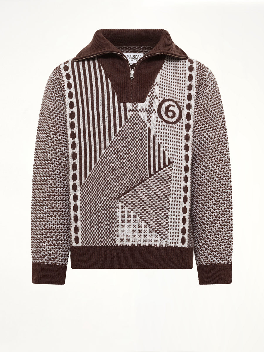Jacquard Knit Polo in Brown/Off White