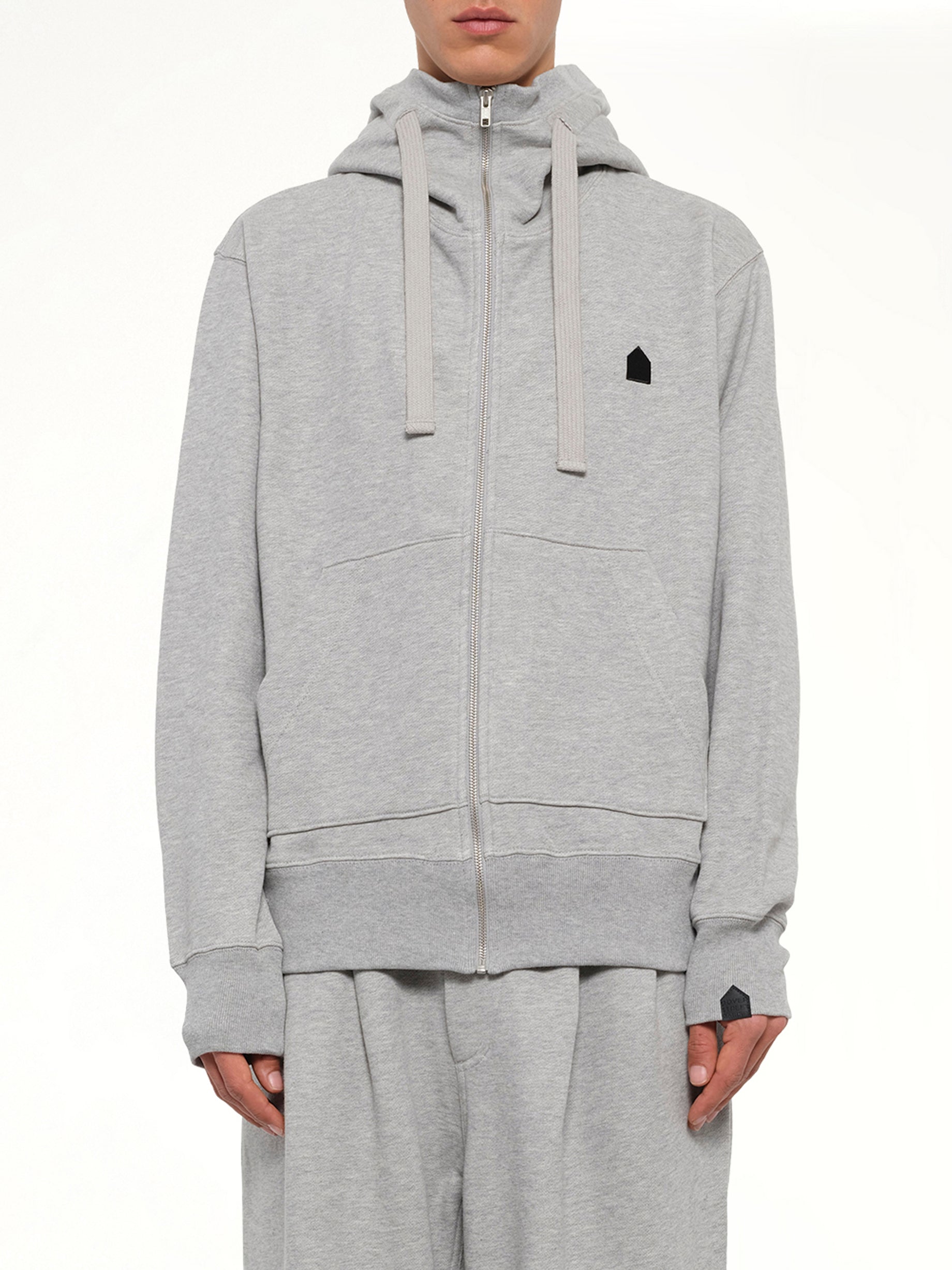 Hut Embroidery Zipped Knit Hoodie in Grey