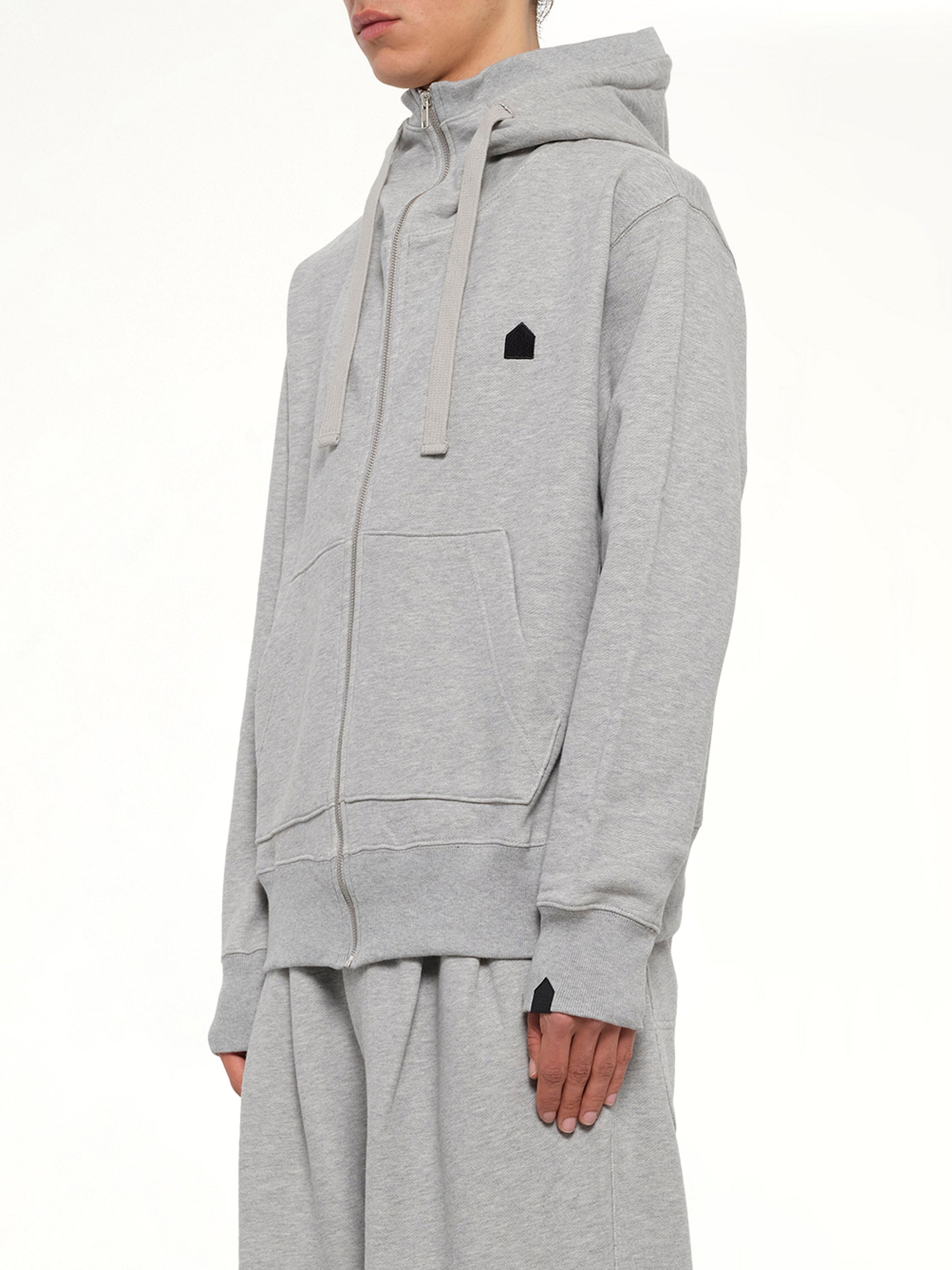 Hut Embroidery Zipped Knit Hoodie in Grey