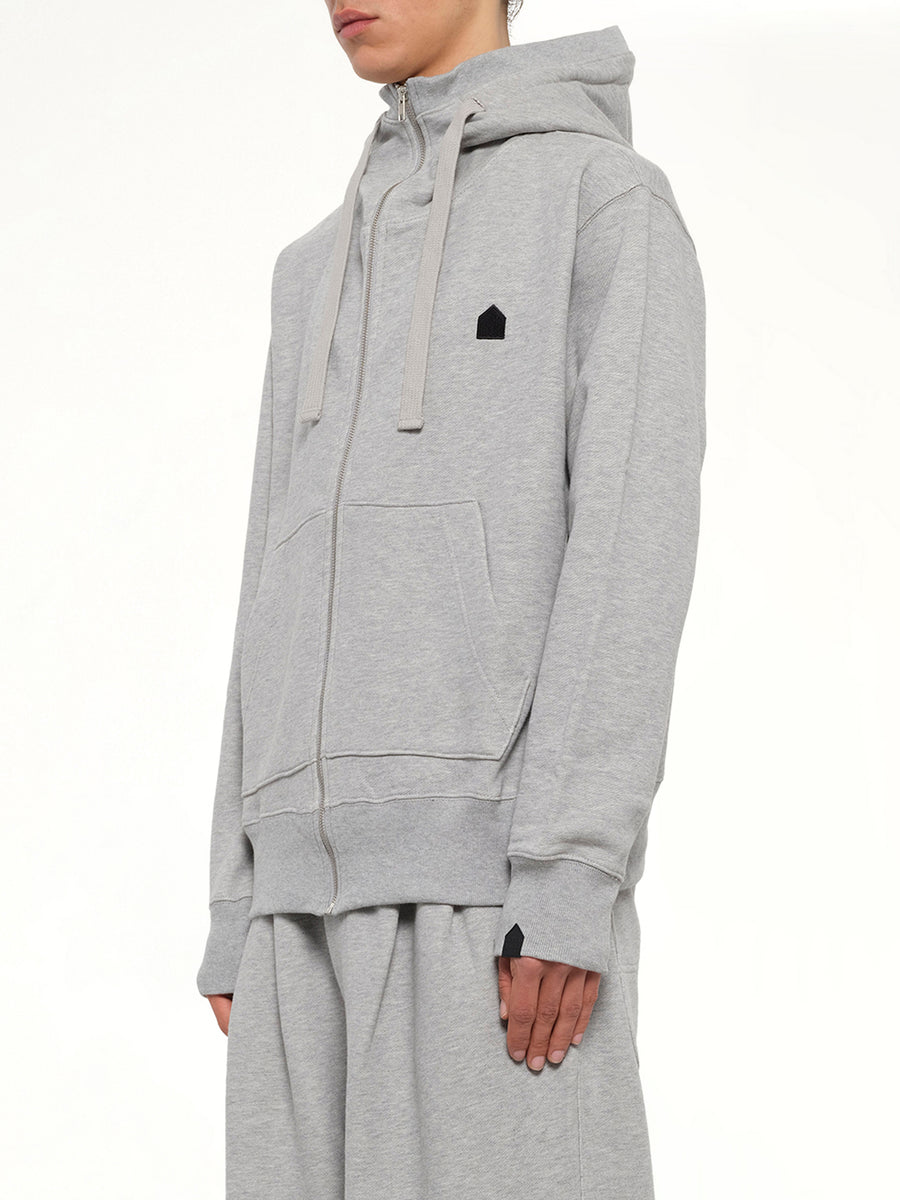 Hut Embroidery Zipped Knit Hoodie in Grey