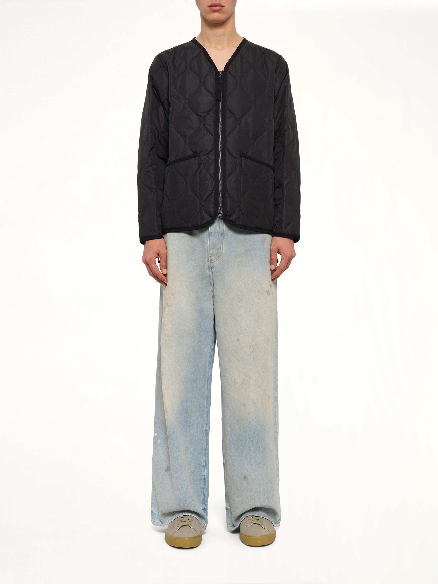 Military W-Zip V Neck Down Jacket in Black