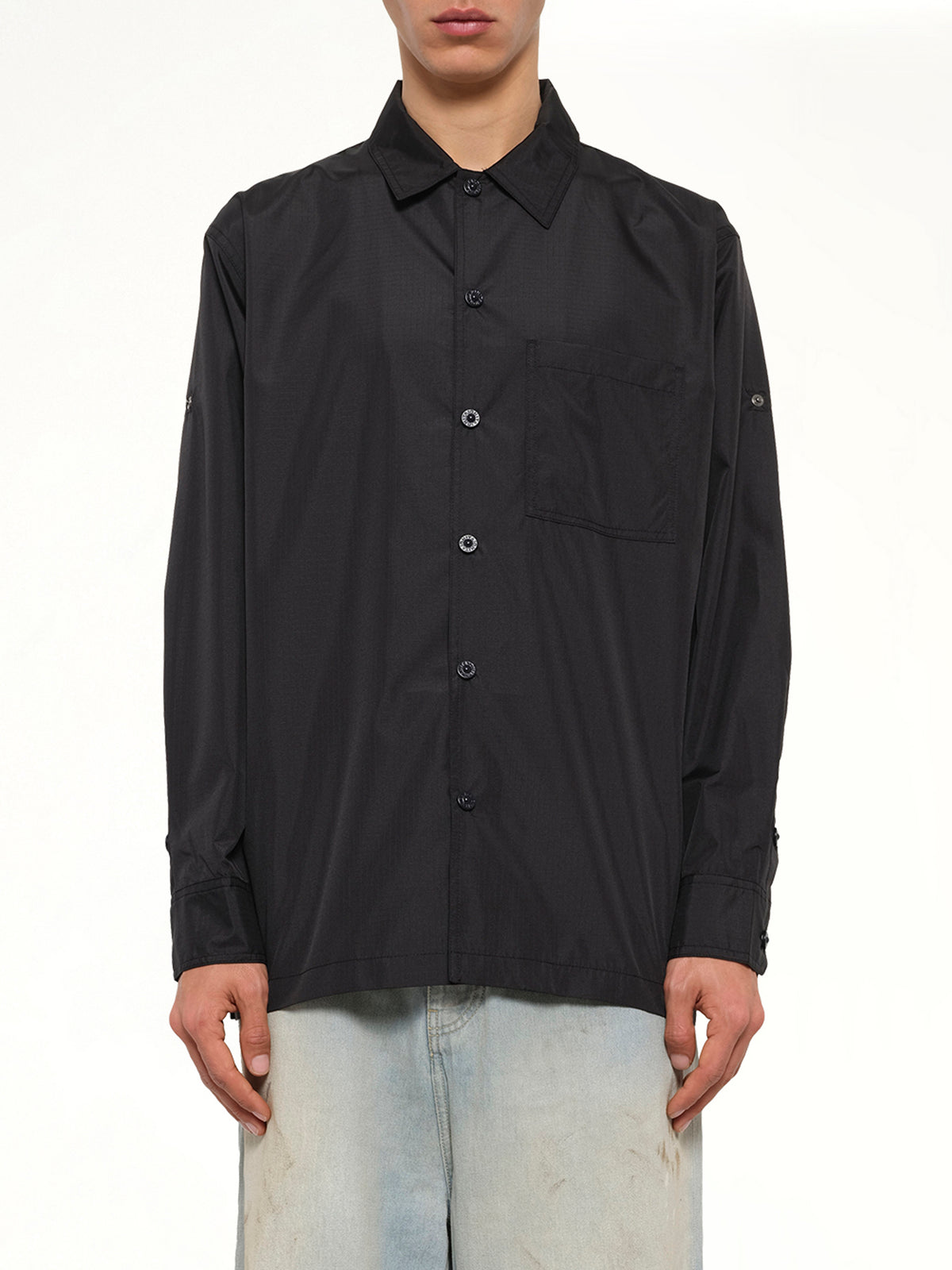 Non Down Military Button Slit Shirt in Black