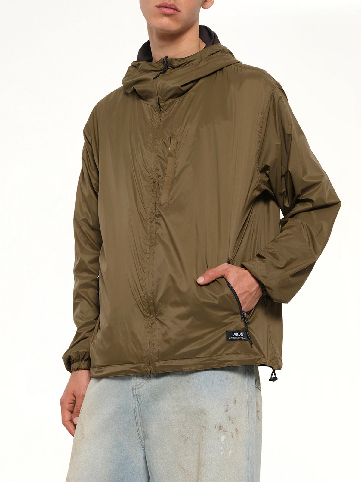 Non Down Mountain Reversible W-Zip Hood Jacket in Black/Dark Olive