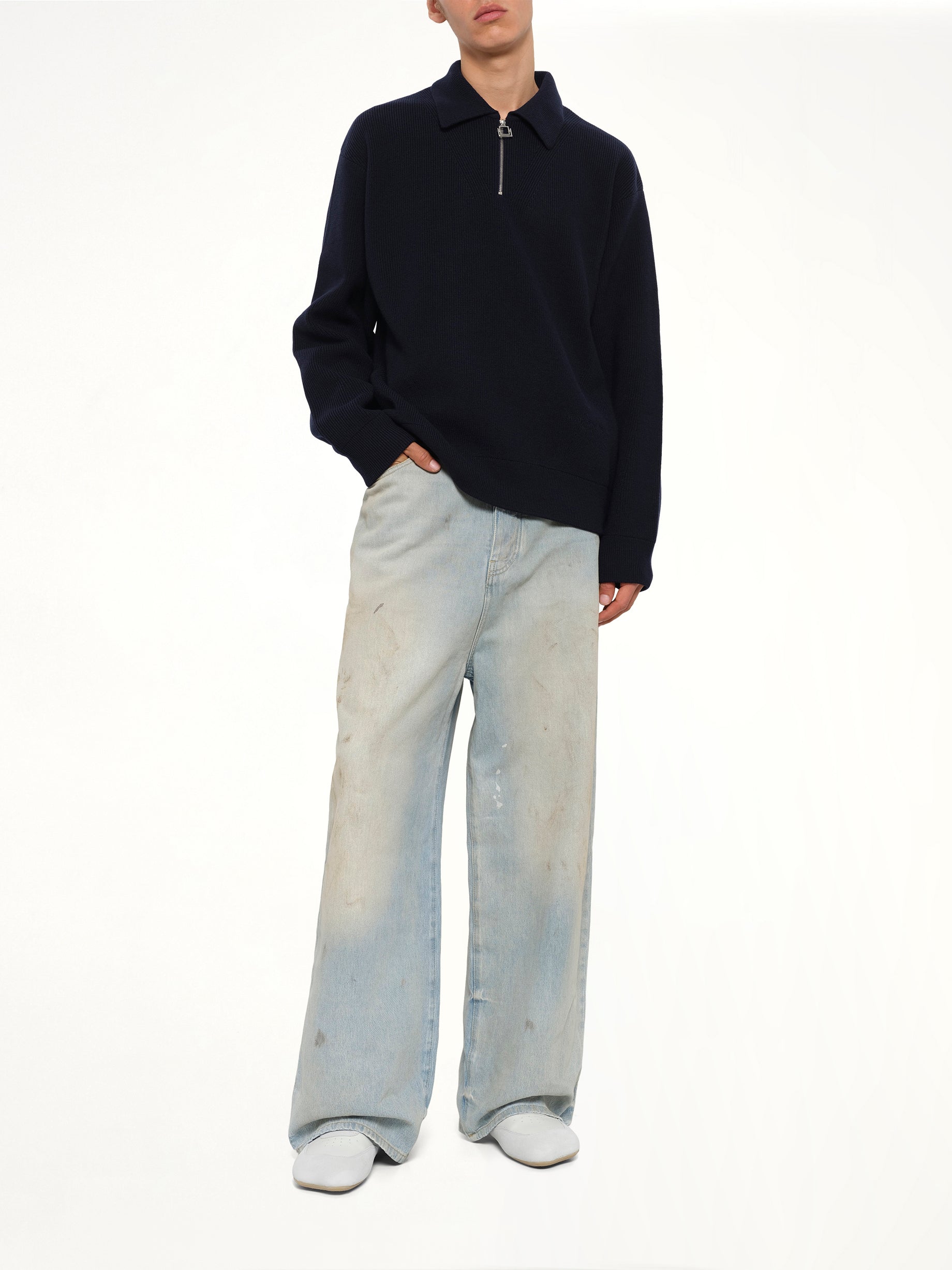 Wool Zip Sweater in Navy
