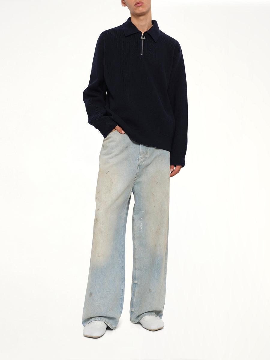 Wool Zip Sweater in Navy
