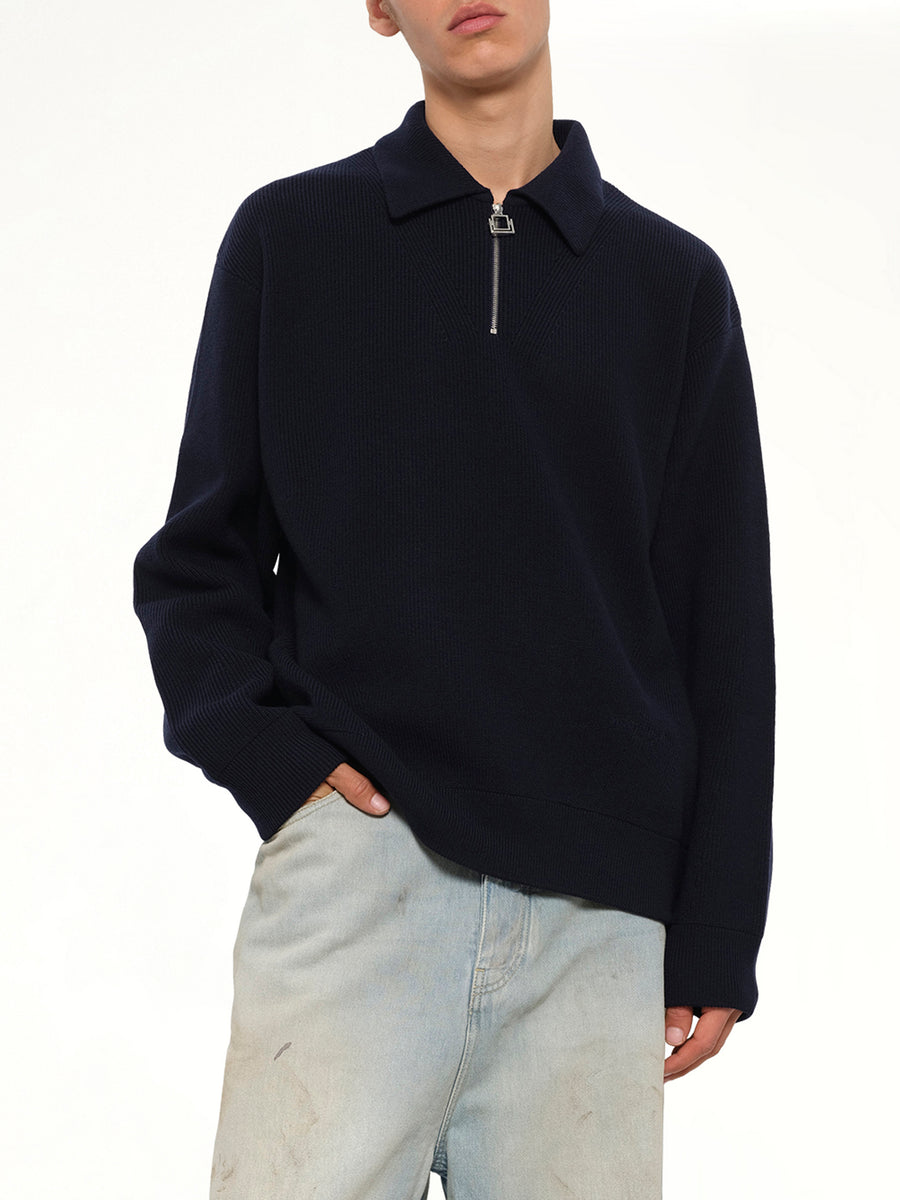 Wool Zip Sweater in Navy