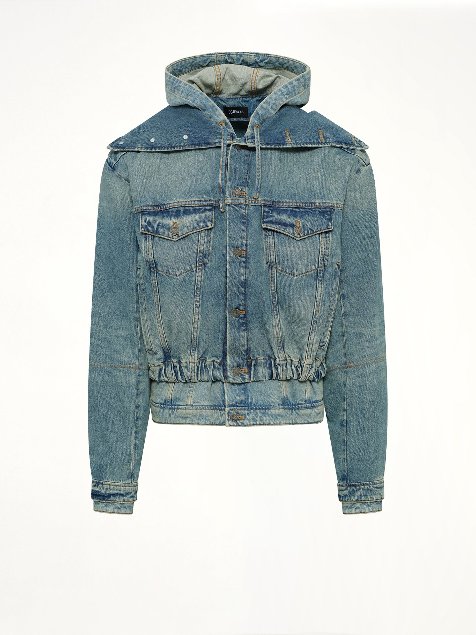 Hooded Denim Bomber in Blue