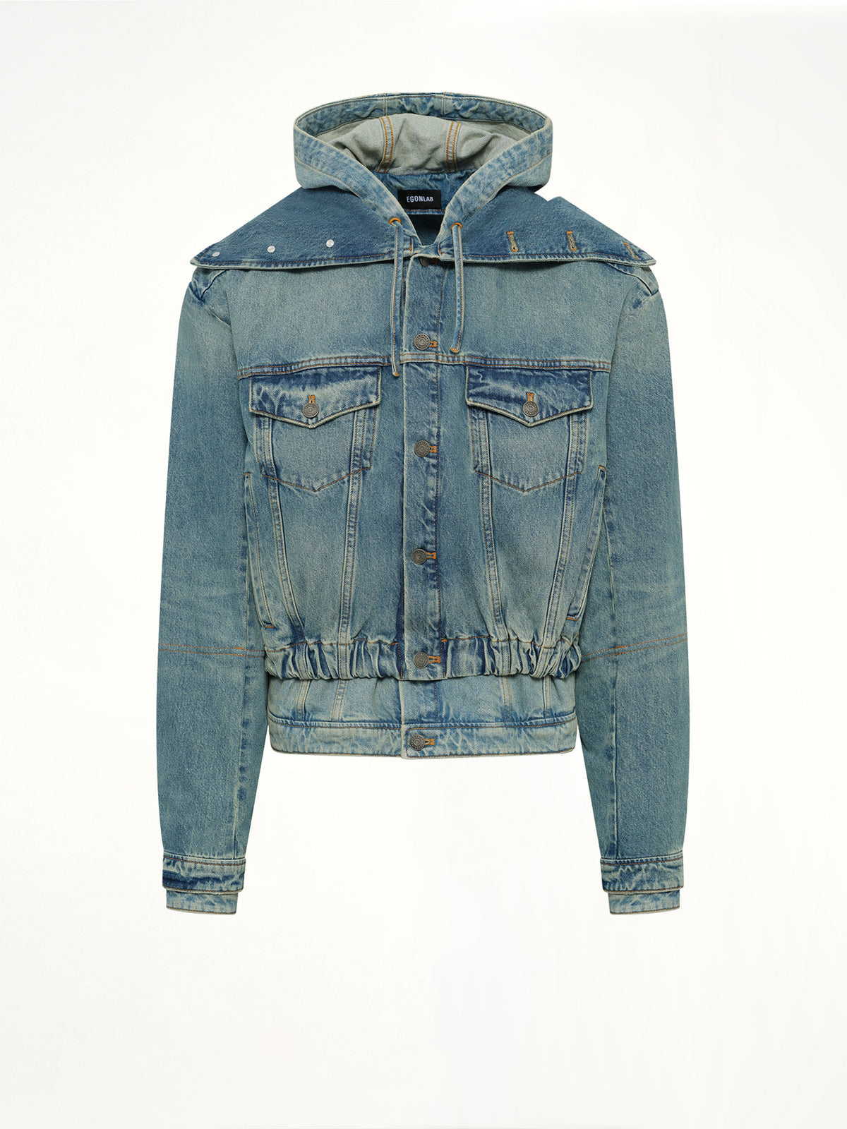 Hooded Denim Bomber in Blue