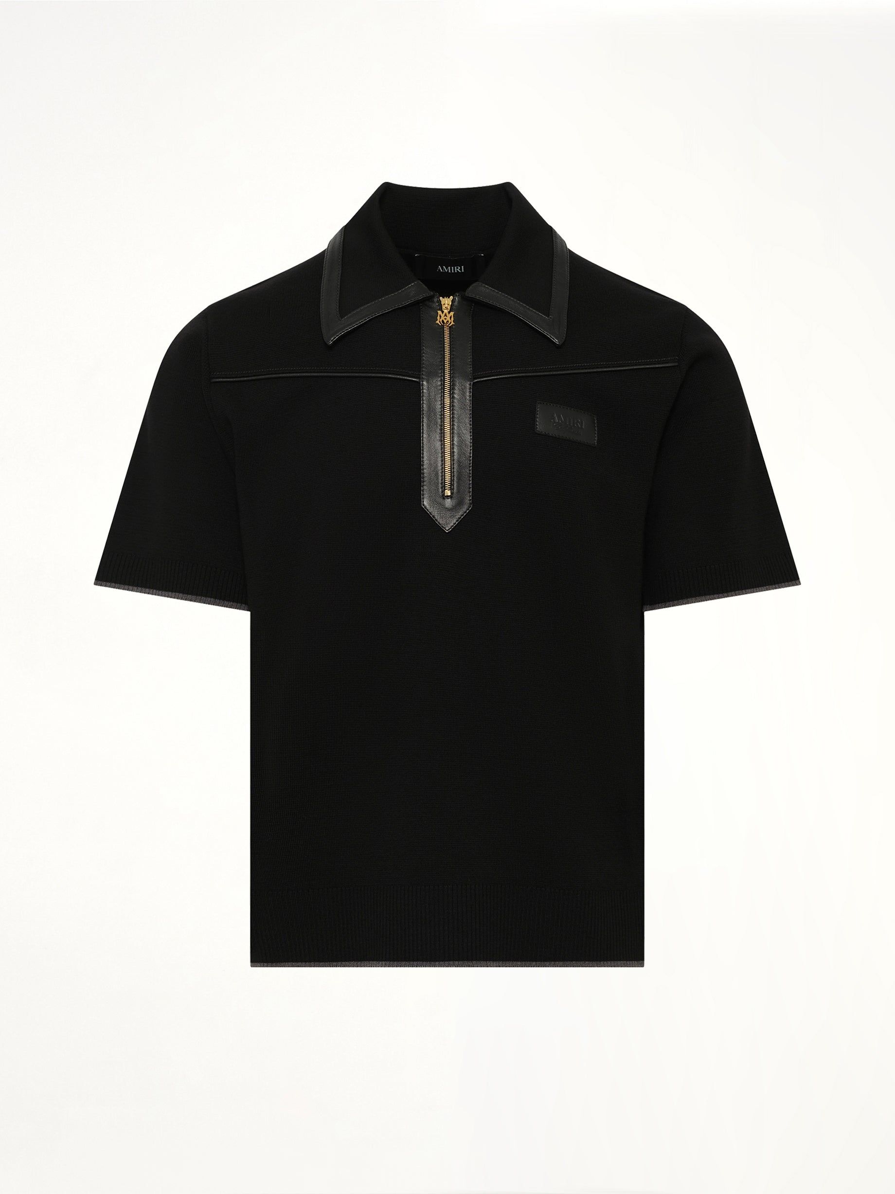 Leather Trim Knit Zipped Polo in Black