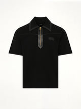 Leather Trim Knit Zipped Polo in Black