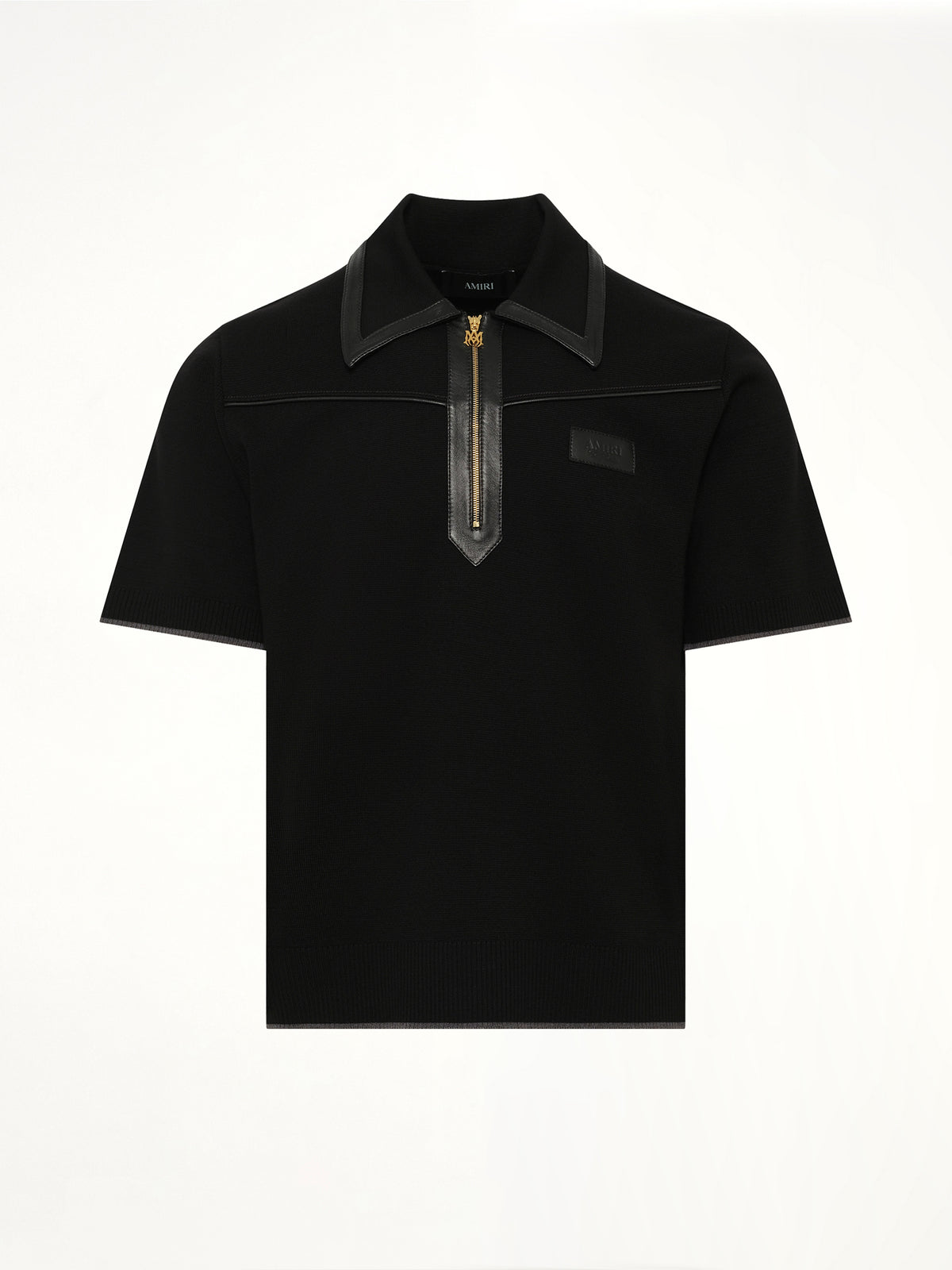 Leather Trim Knit Zipped Polo in Black