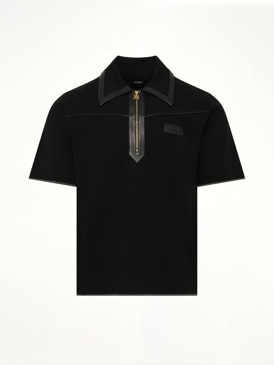 Leather Trim Knit Zipped Polo in Black